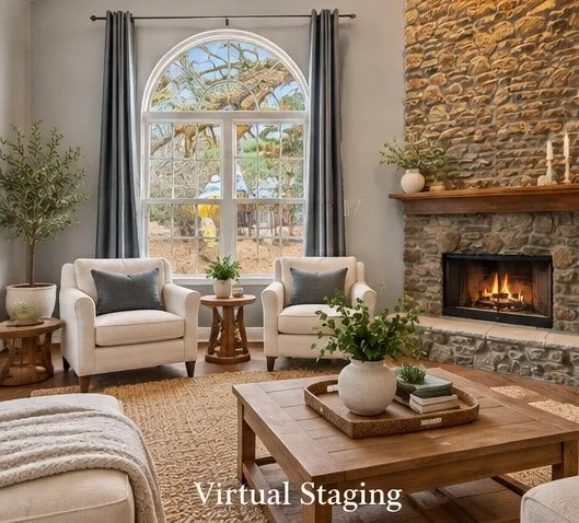 Stone-clad fireplace with a wood mantel