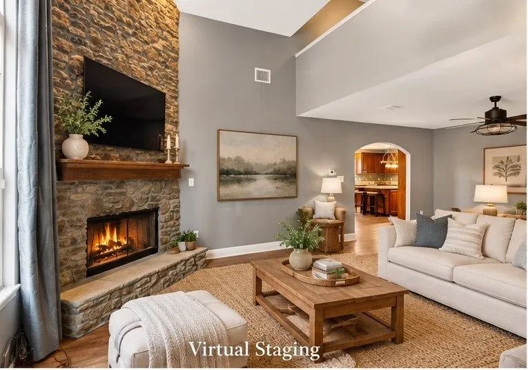 Stone fireplace with a wood-finish mantel and hearth