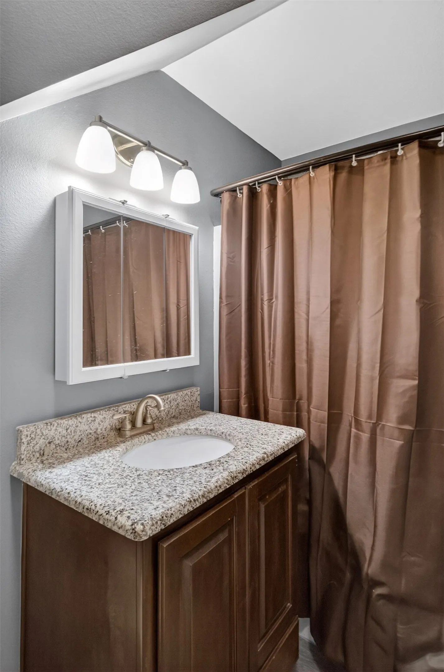 Full bath featuring a shower with curtain, vanity, and vaulted ceiling