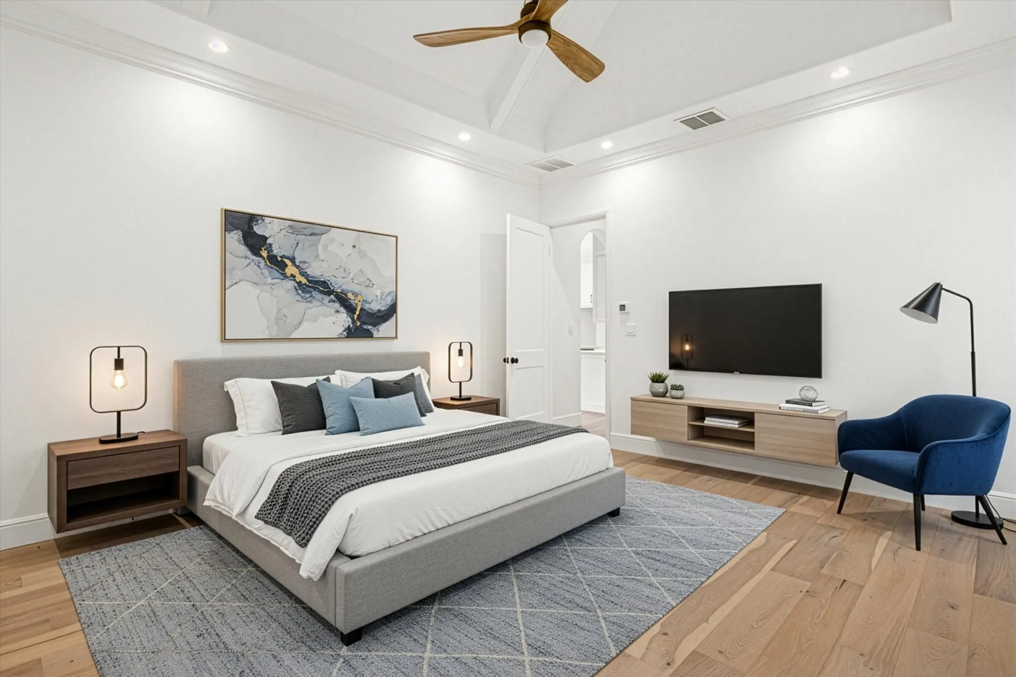 Bedroom featuring light wood-style floors, ornamental molding, recessed lighting, and ceiling fan
