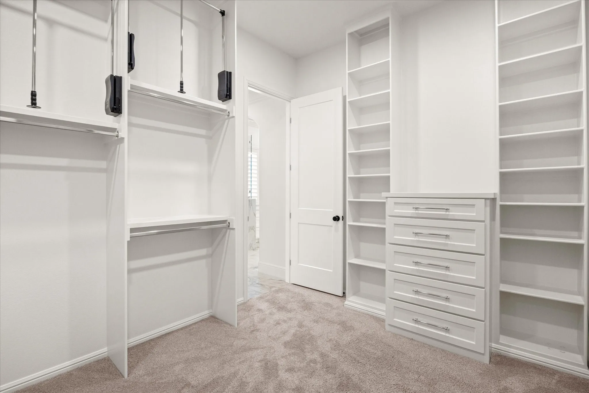 Walk in closet featuring light colored carpet