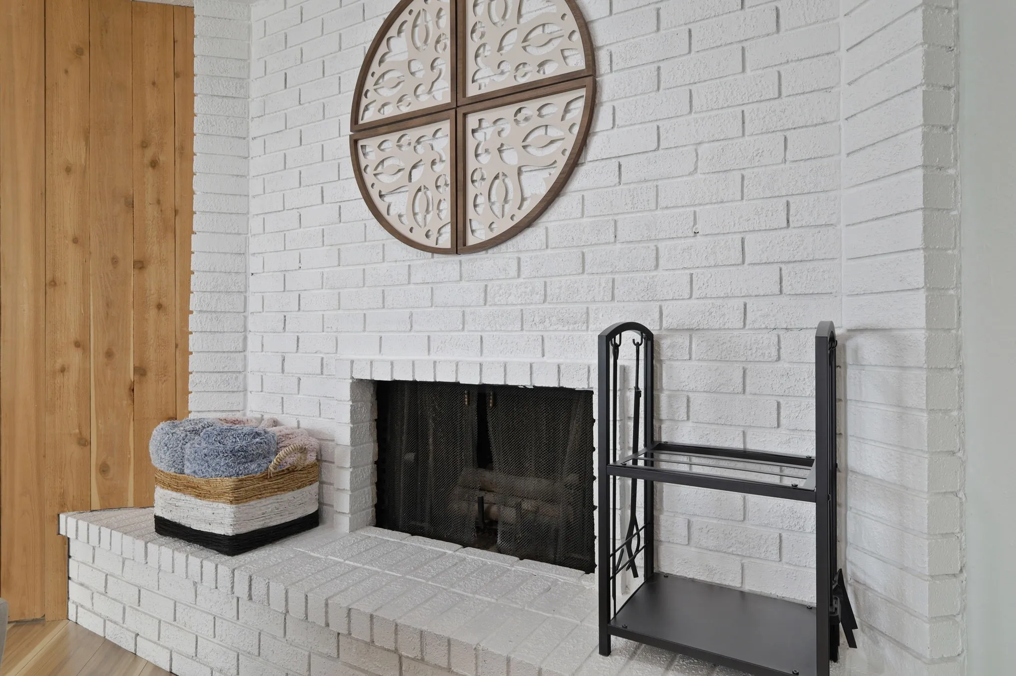 Details featuring a brick fireplace
