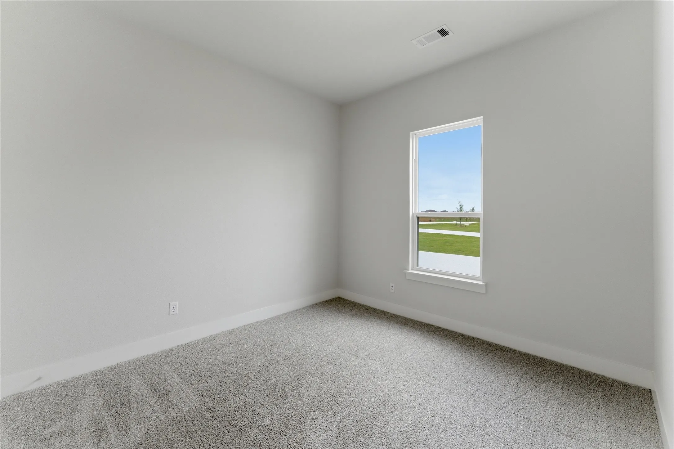 Room with light gray walls, gray carpet, white baseboards, and a single window with white trim, featuring an exterior view of a green landscape under a blue sky