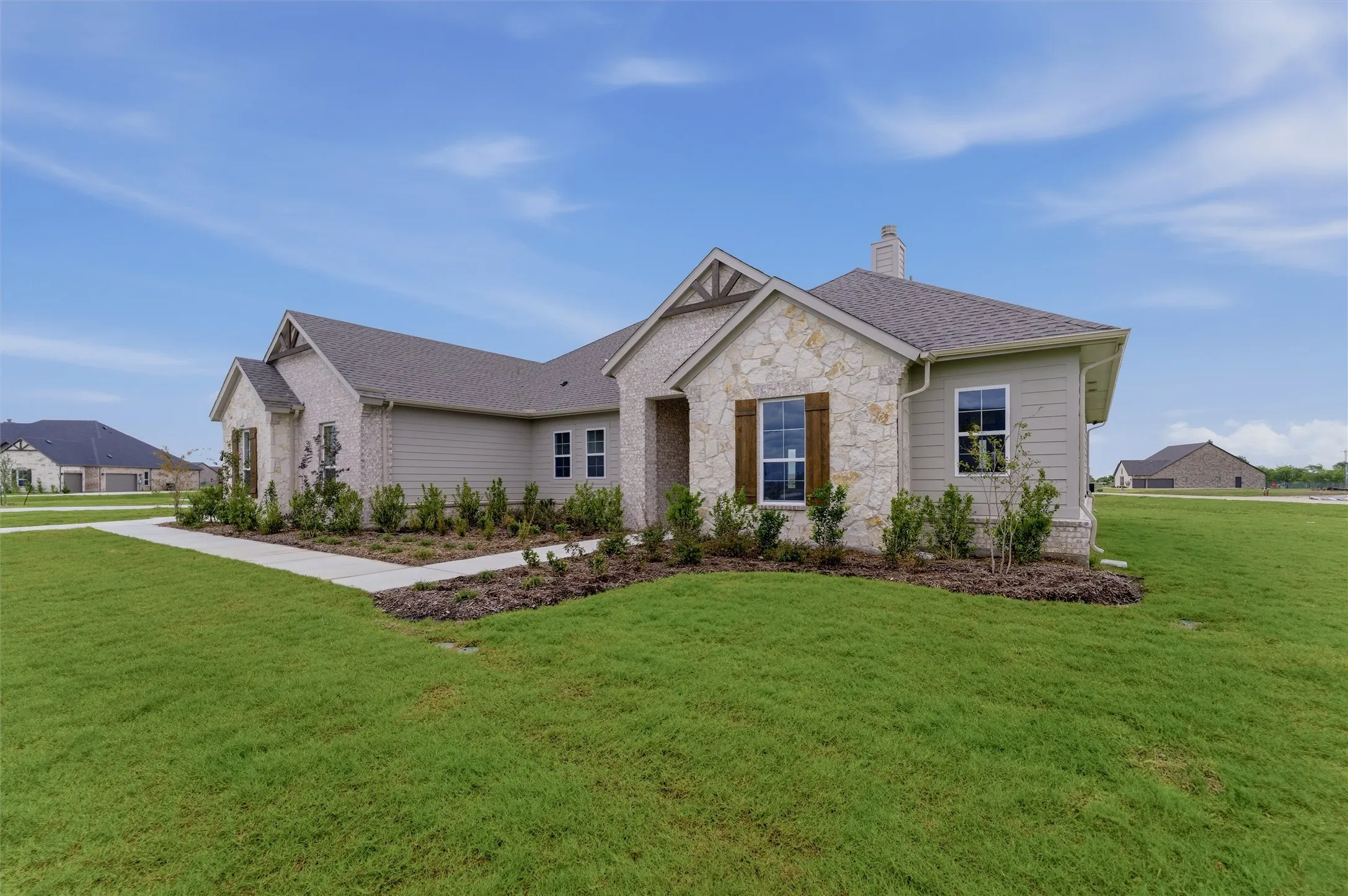 Contemporary ranch-style exterior featuring a combination of stone veneer and horizontal siding