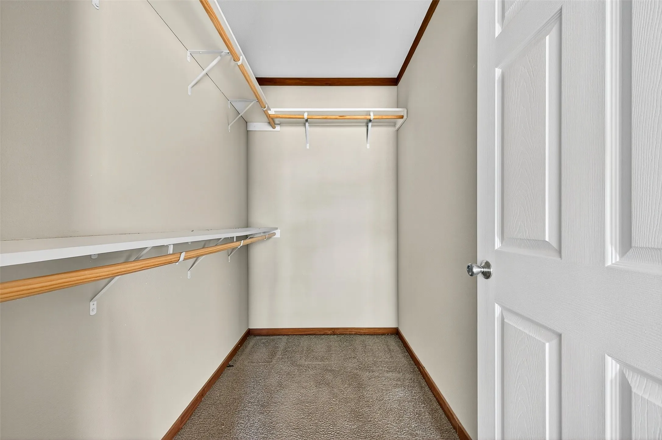 Spacious closet featuring dark colored carpet