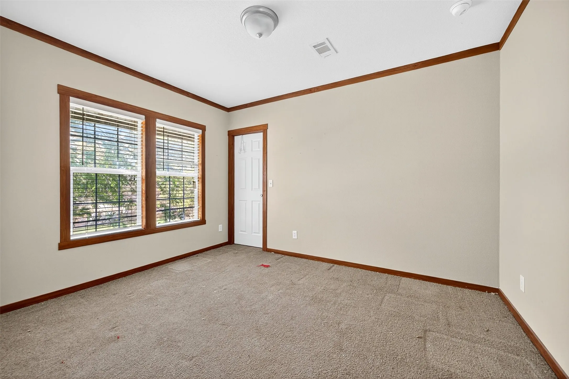 Empty room with crown molding and light carpet