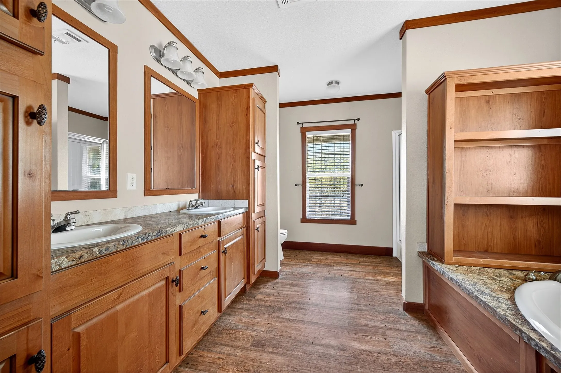 Bathroom featuring crown molding, double vanity, dark wood-type flooring, and a tub