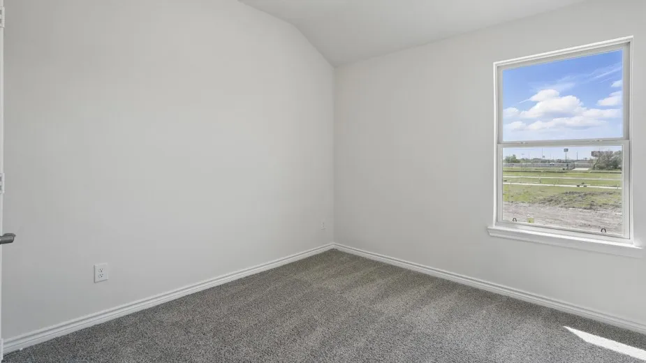 Bright interior room featuring a large window, plush gray carpet, white walls, white baseboards, and a white ceiling
