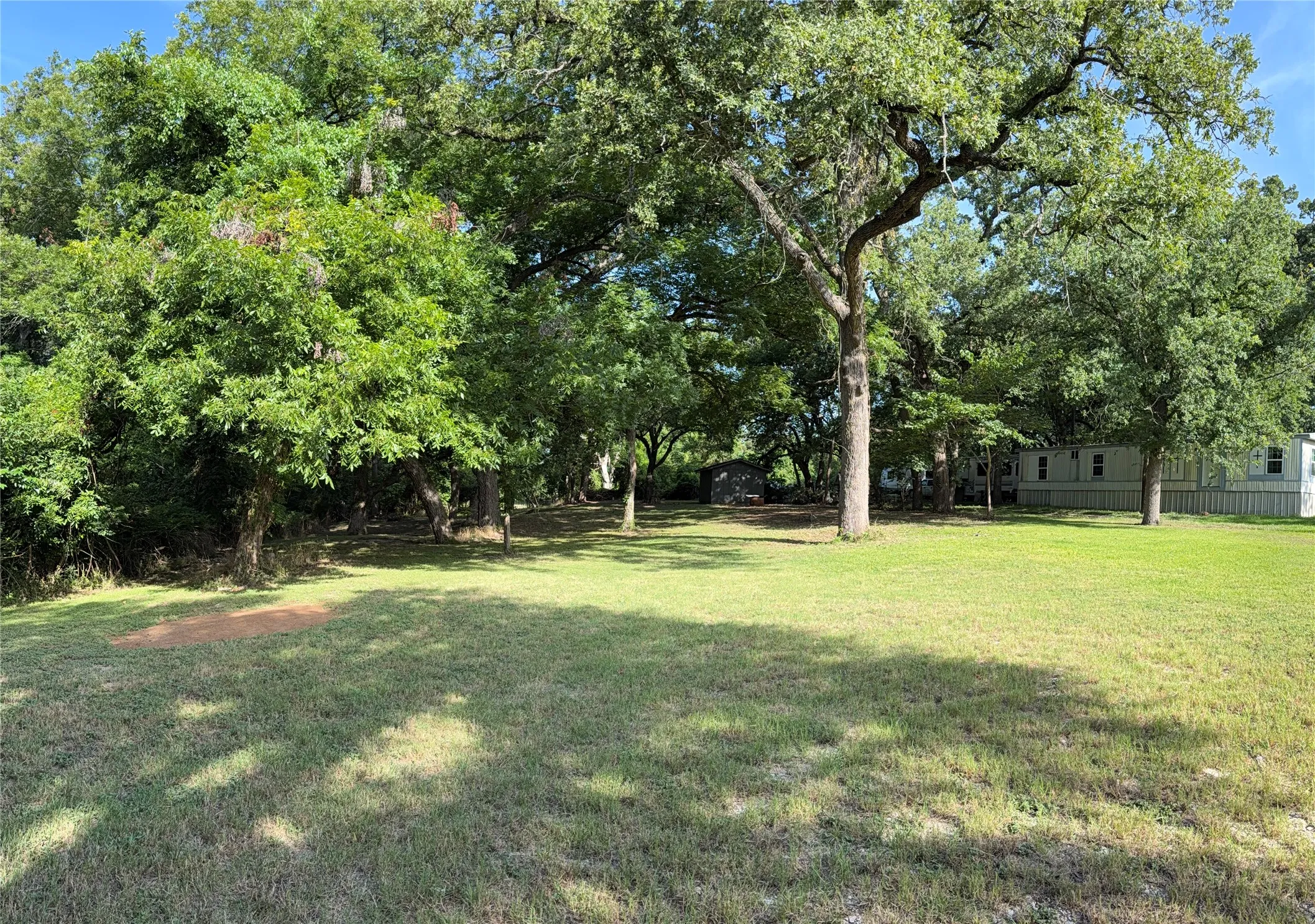 Expansive lawn area surrounded by mature trees, offering a verdant setting