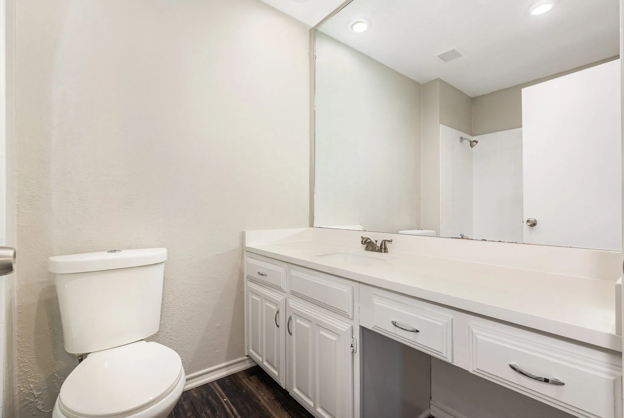 Bathroom with vanity, wood finished floors, recessed lighting, and a shower
