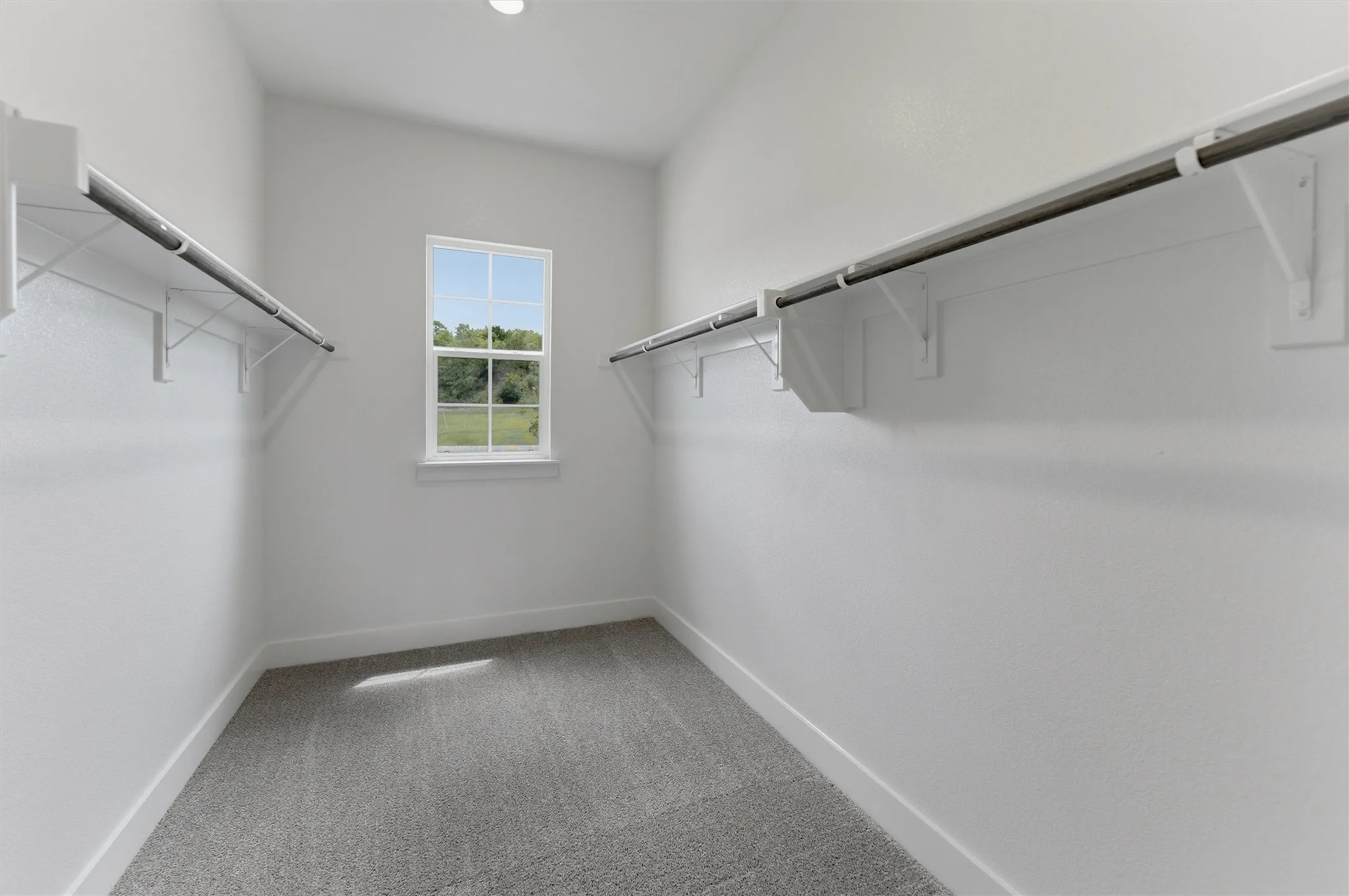 Walk-in closet featuring light gray carpeting, white walls, and a recessed ceiling light