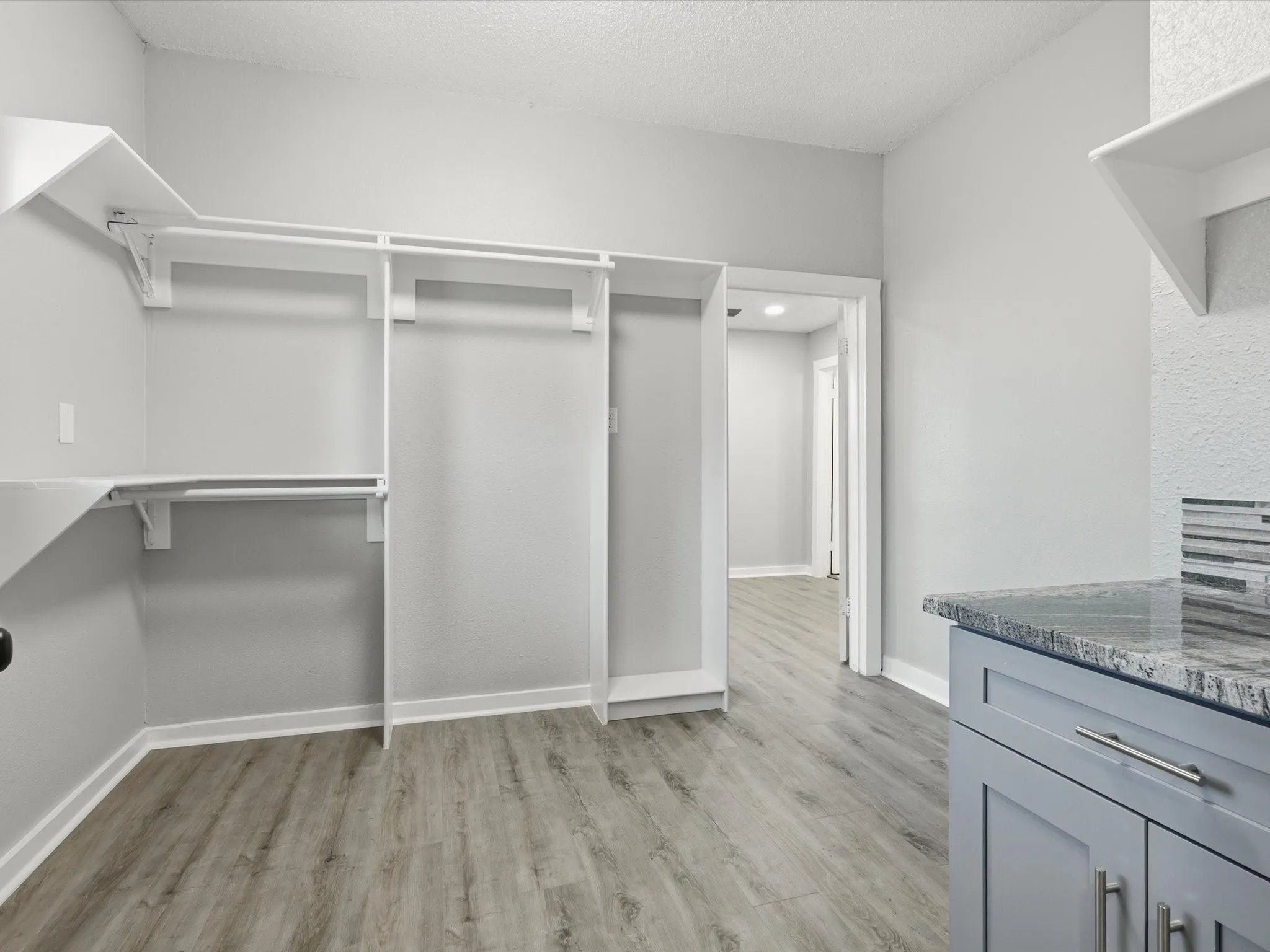 Walk in closet with light wood-style floors