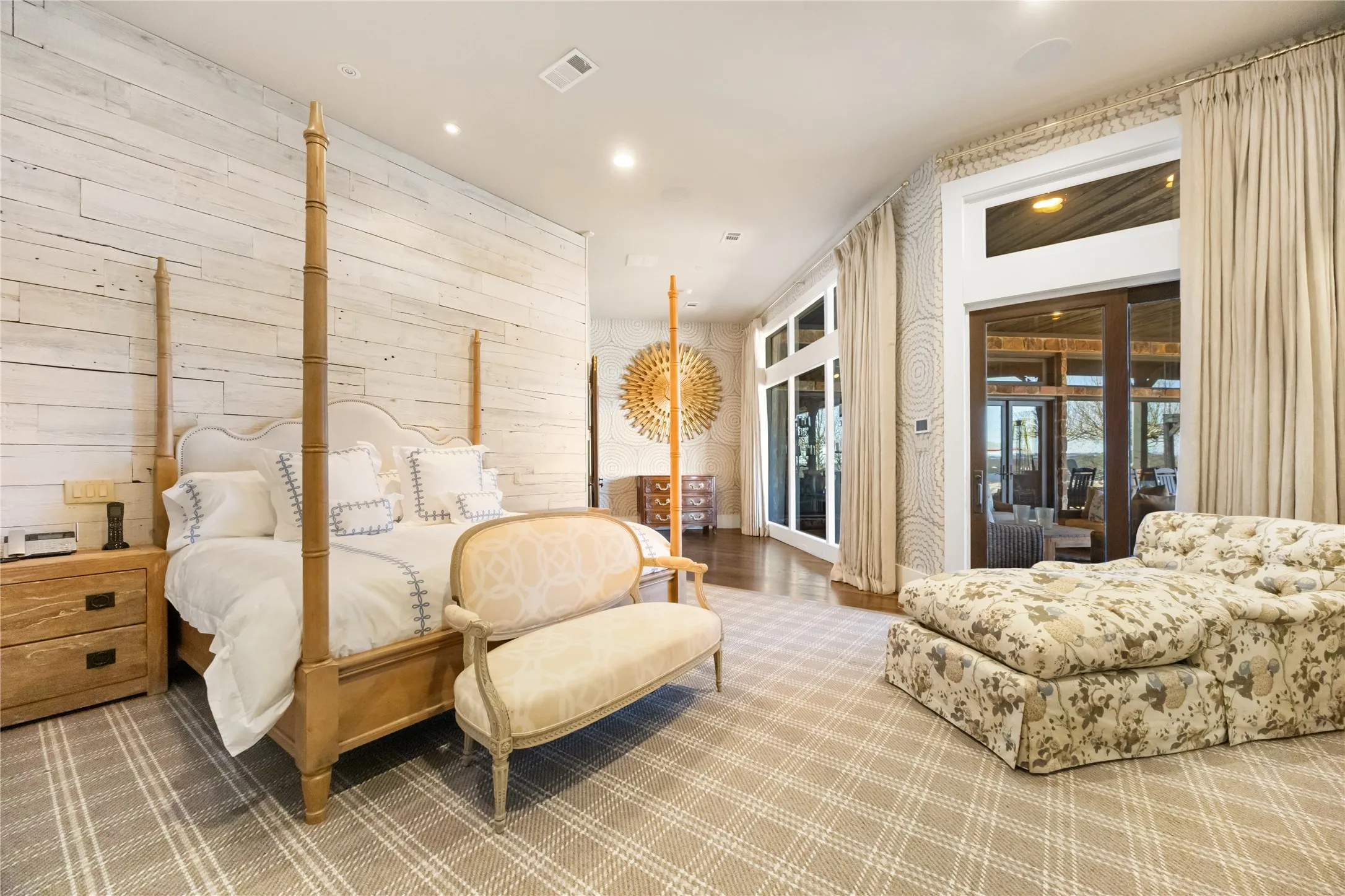 Primary Suite Retreat with Custom Lighting with White Washed Designed Walls and Custom Wallpaper