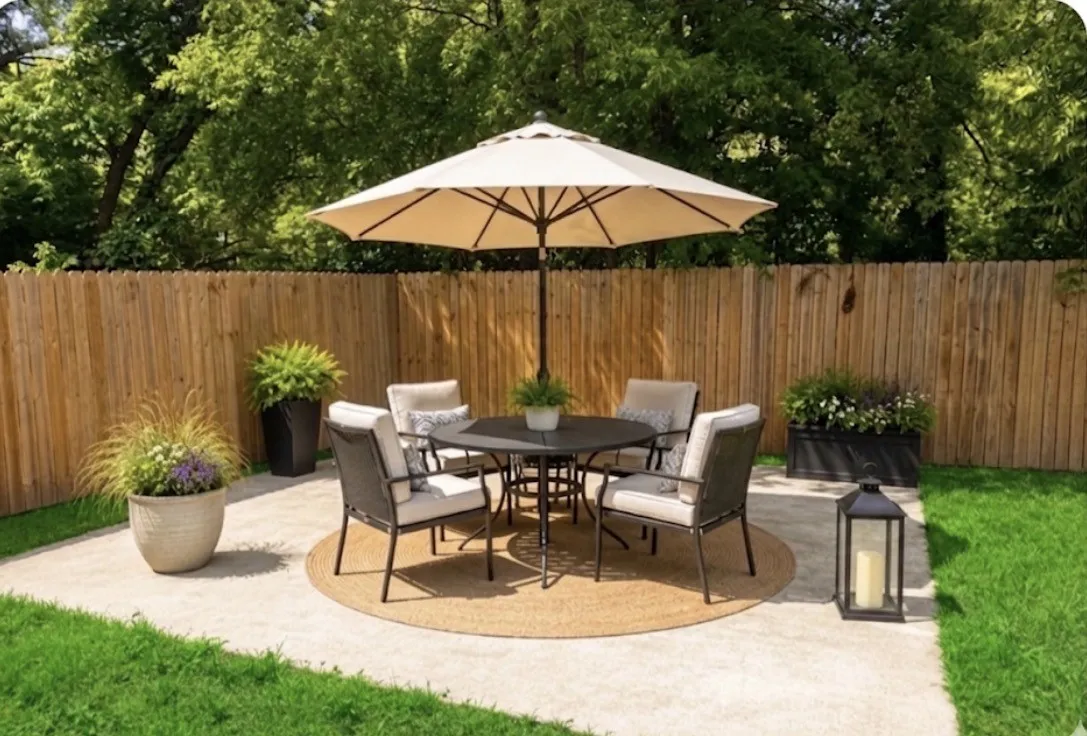 Large detached patio. Virtually staged patio furniture.