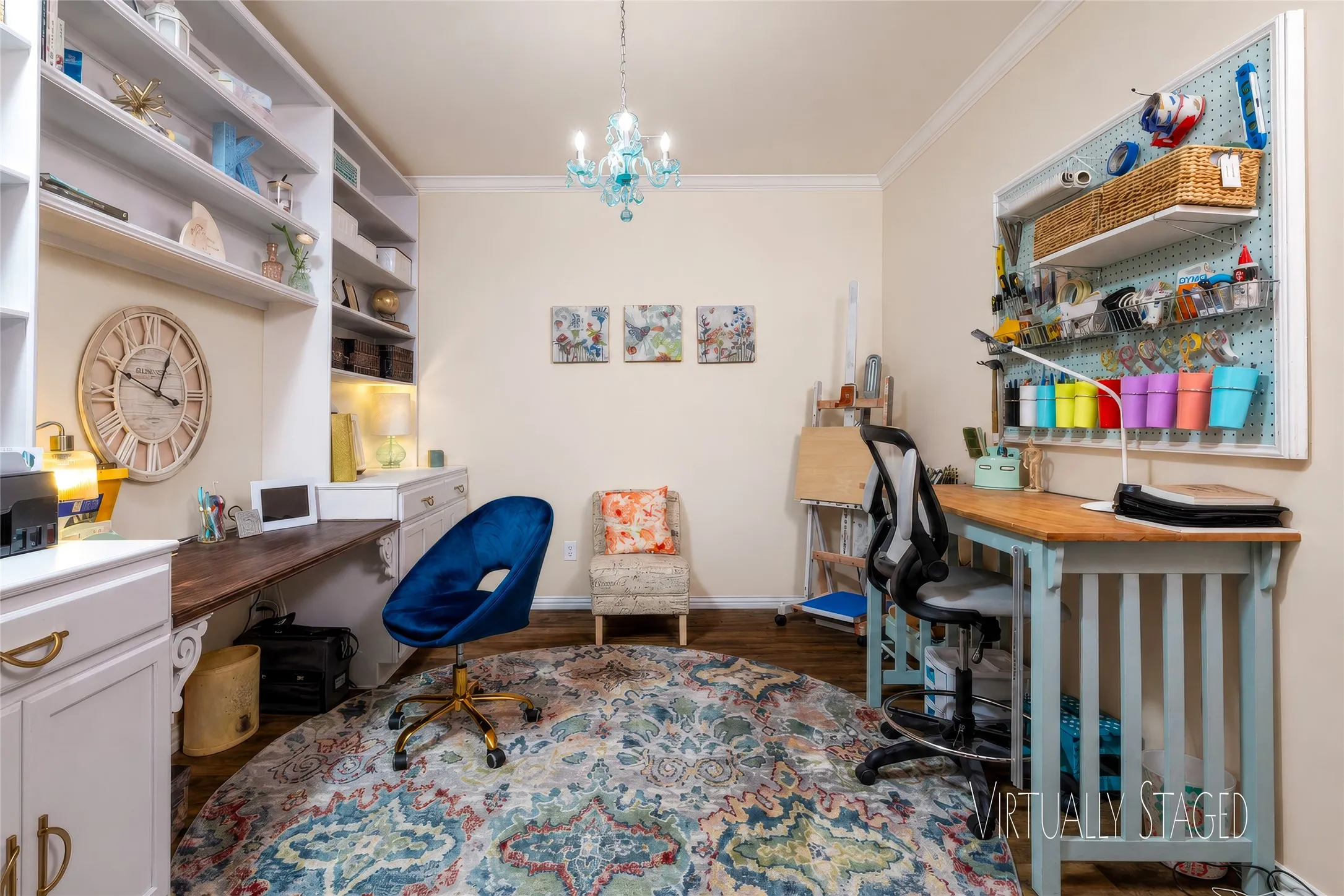 .French Doors Open to Private Office w Custom Built-in Cabinetry & Desk....Virtually Staged with Neutral Paint .