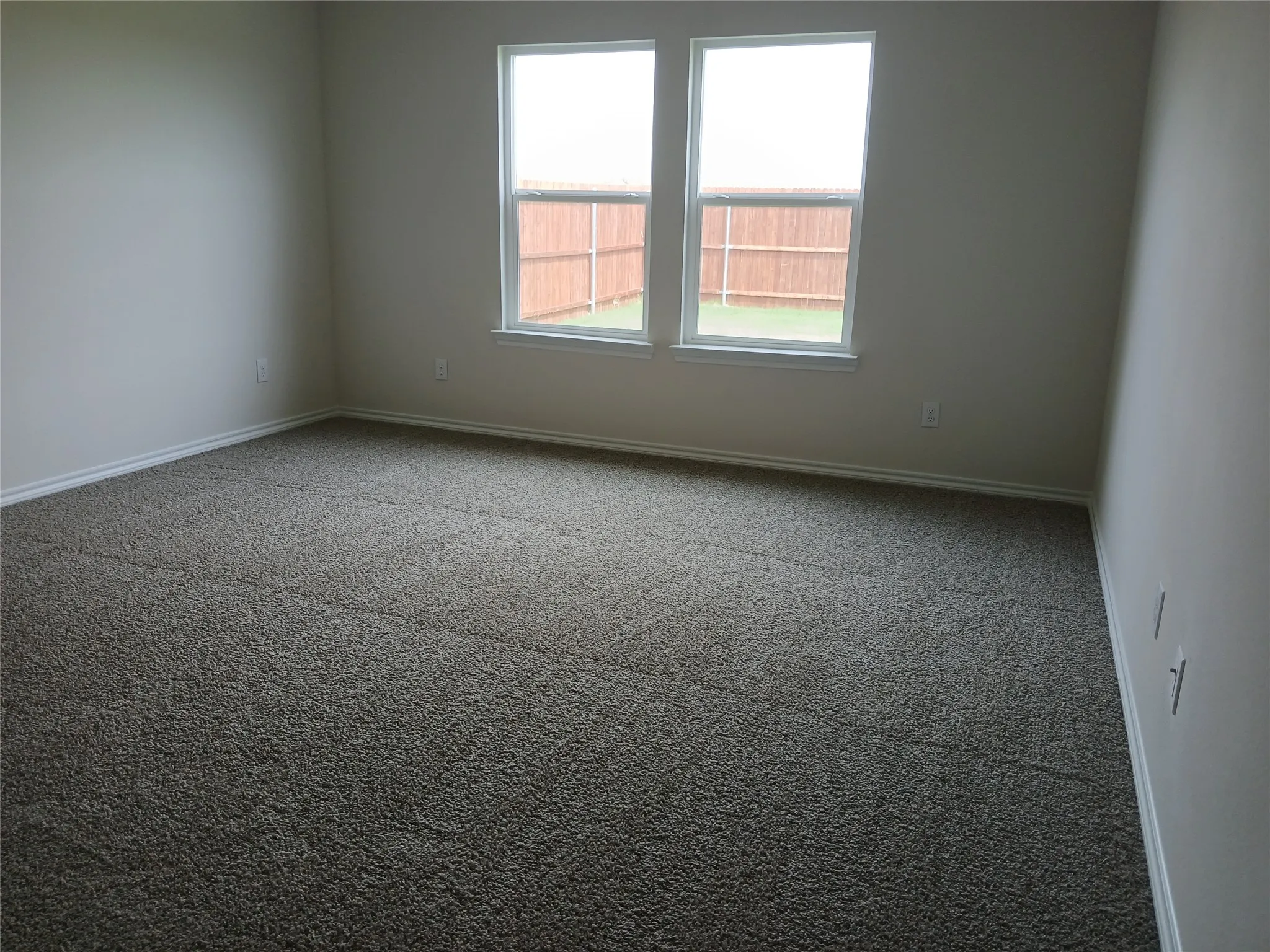 Carpeted room featuring two white-framed windows, light-toned walls, and white baseboards