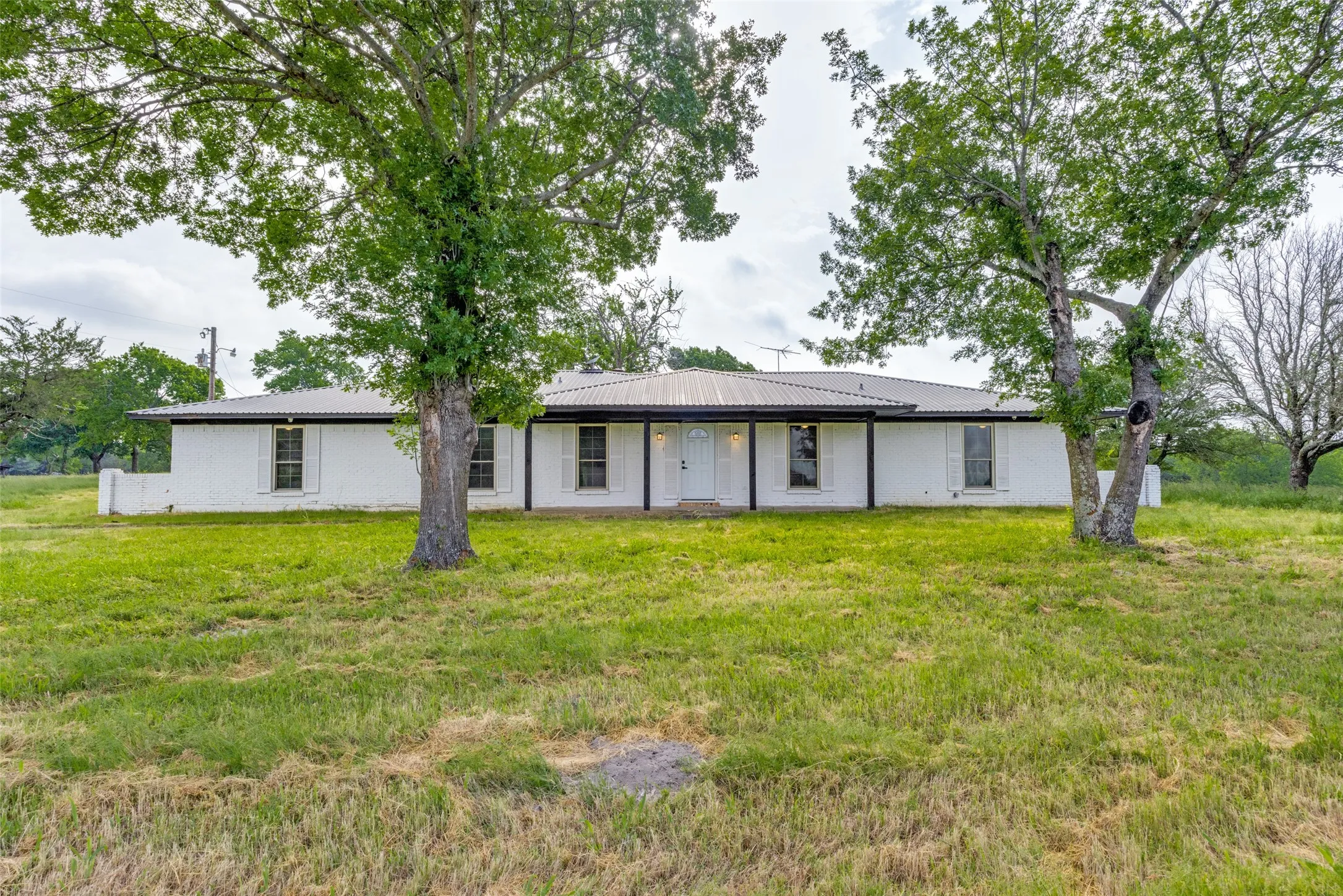 Rear view of property with a yard and a metal roof