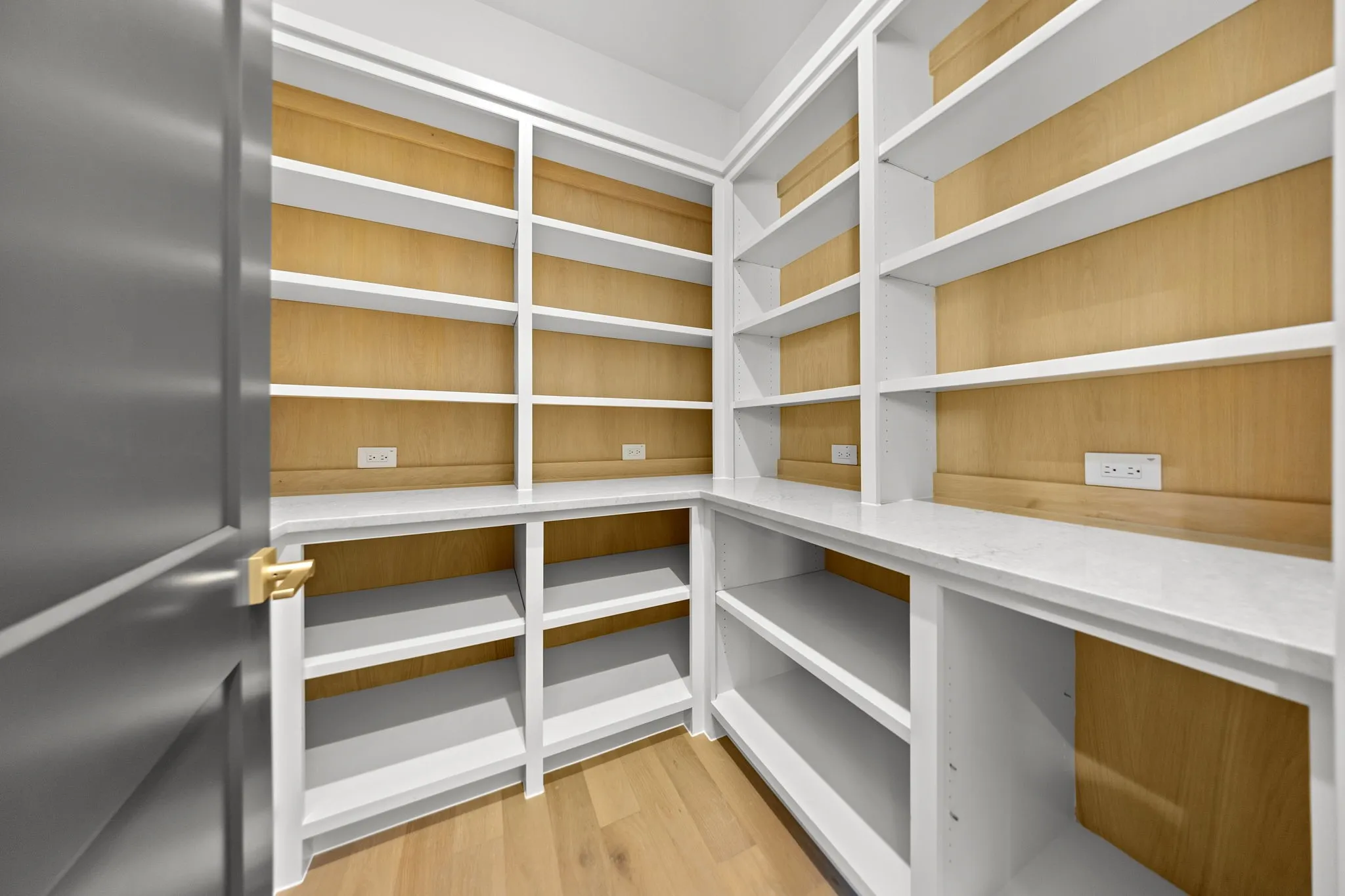 Built-in shelving with wood-finish backing, white countertops, and wood-finish flooring