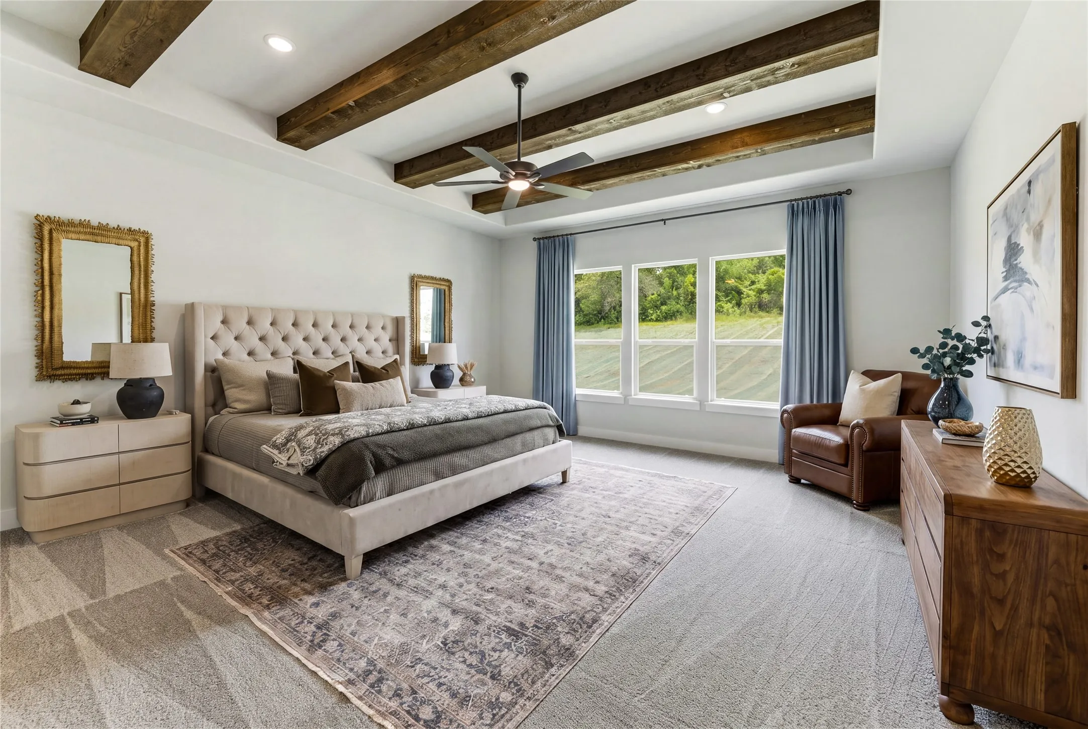 Tray ceiling with exposed wood beams