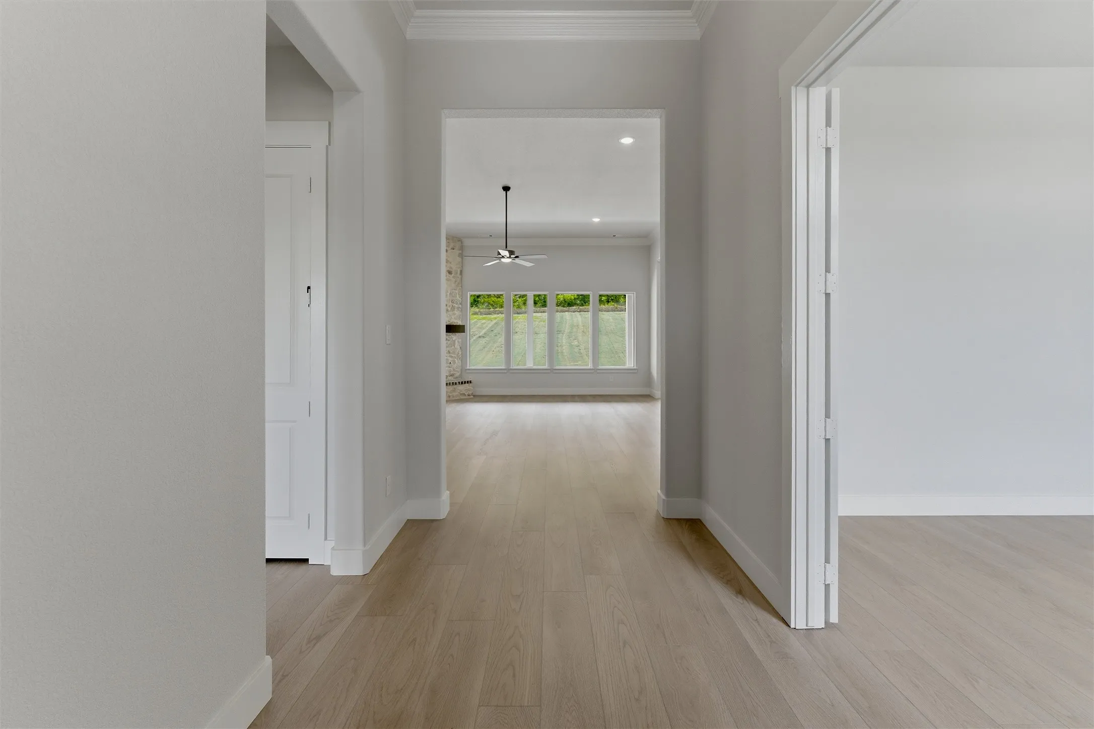 Light wood-finish flooring extending through an open doorway into a spacious room with multiple large windows