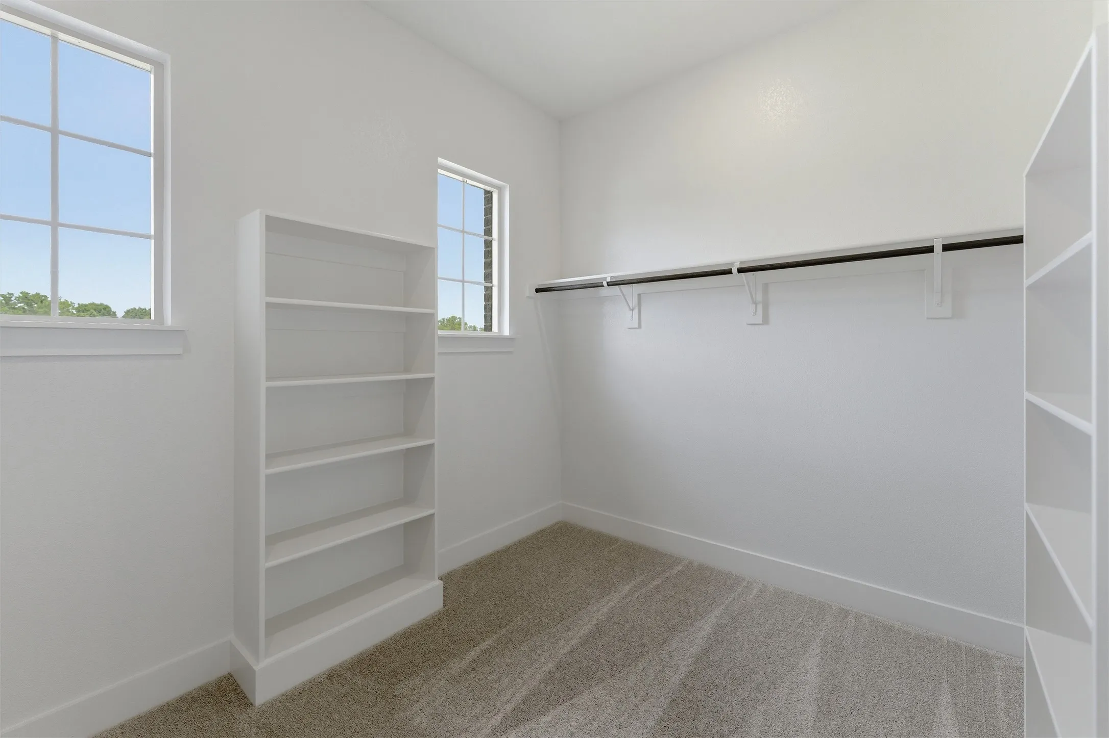 Bright interior space with carpet flooring, featuring a built-in shelving unit, a clothing rod, and two windows