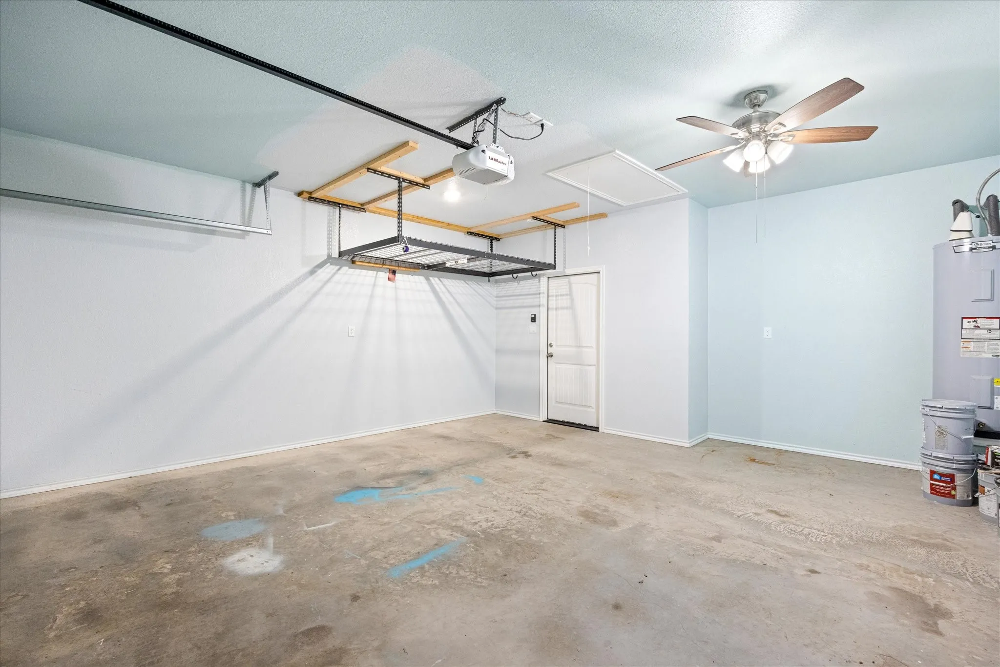 Storage area and work space with a fan