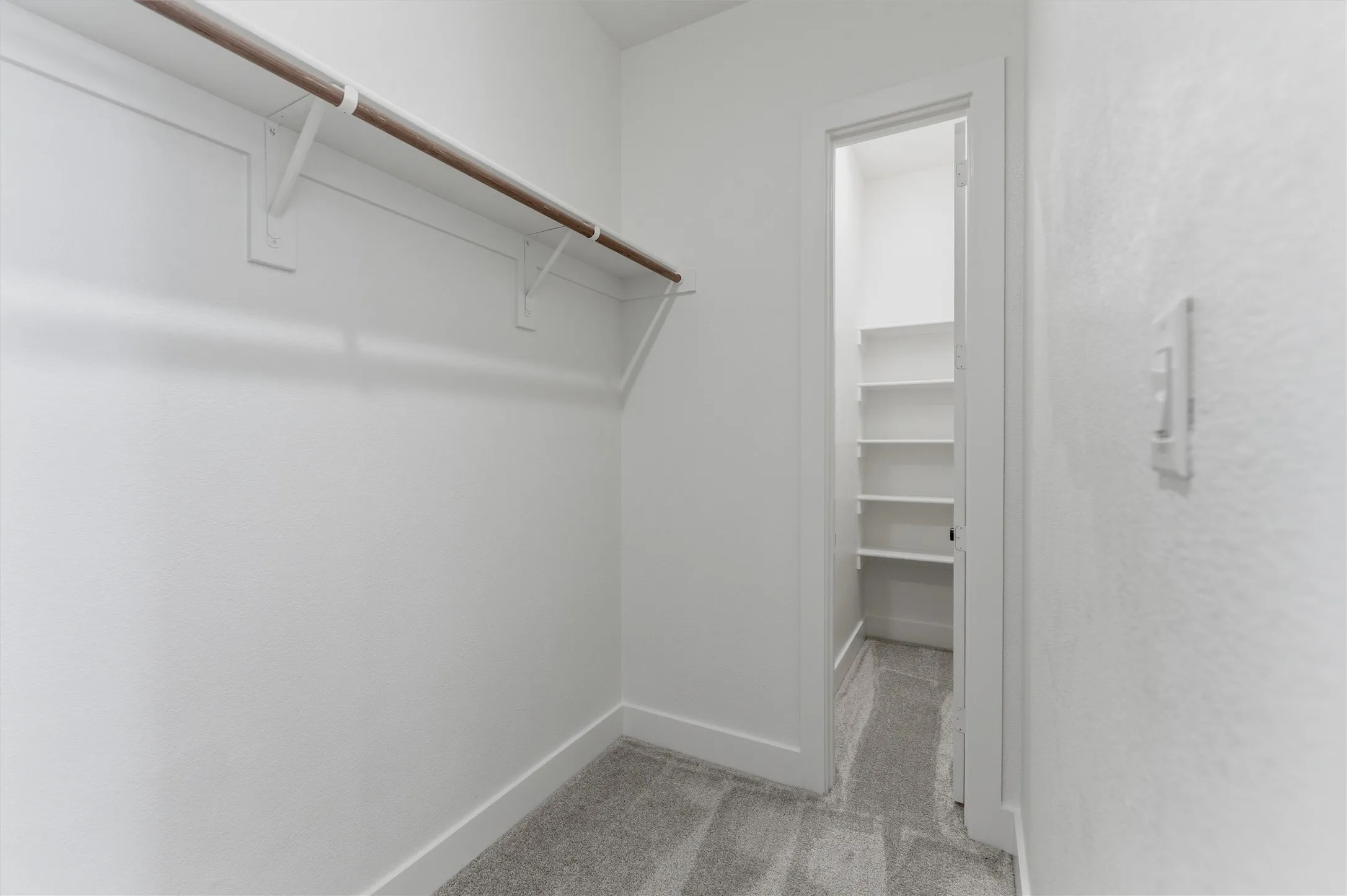 Walk in closet featuring light carpet