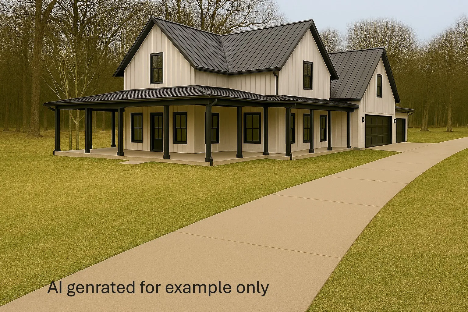 Modern farmhouse with a large porch, a front yard, a metal roof, concrete driveway, and board and batten siding