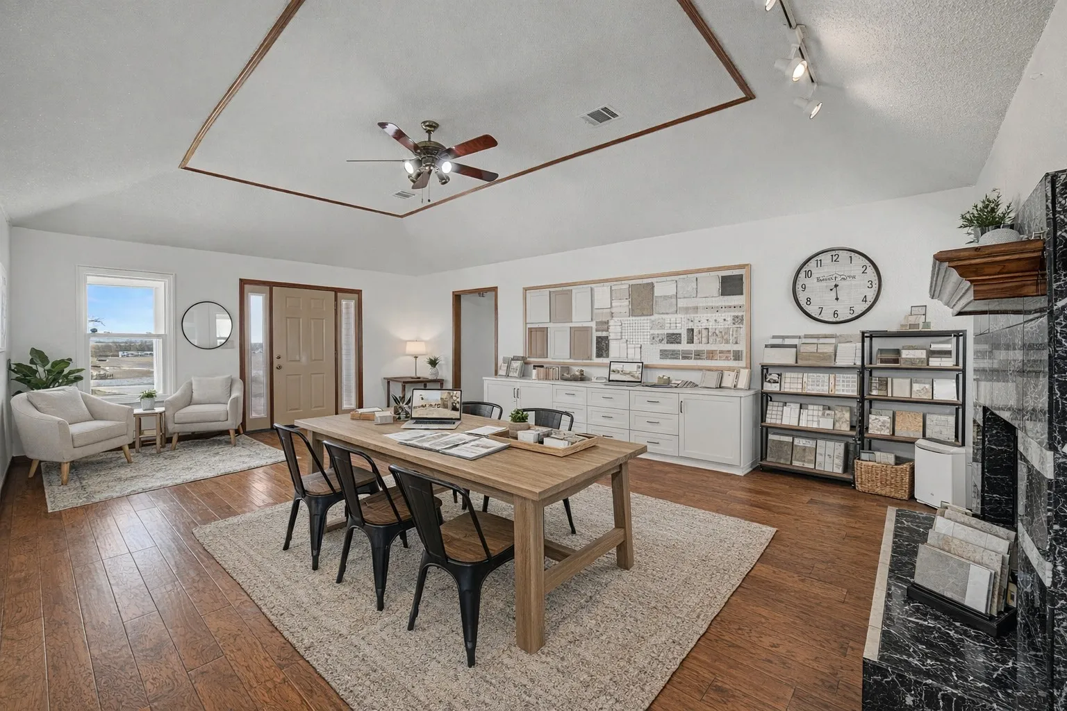 Living room would easily transfer to office setting/showroom/variety and flexibility use. virtuall staged.