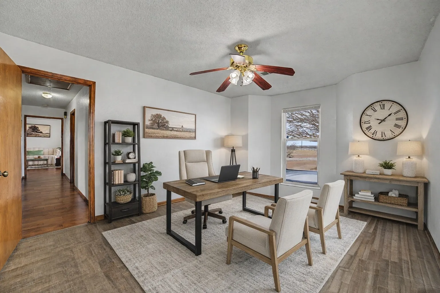 second bedroom easily transitions to executive office, storage, workroom, various flexible options. Virtually staged.