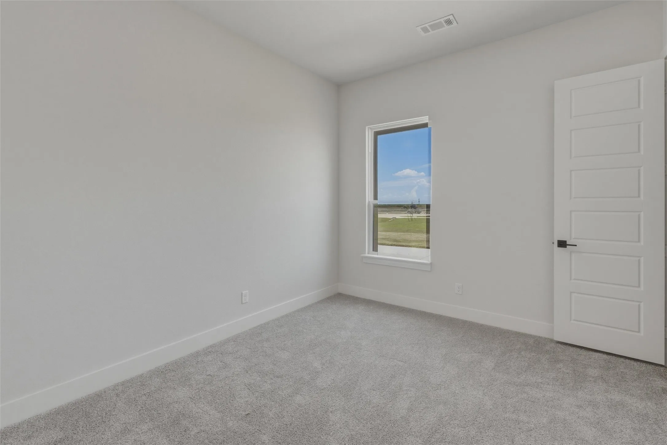 Neutral-toned walls complement plush grey carpeting