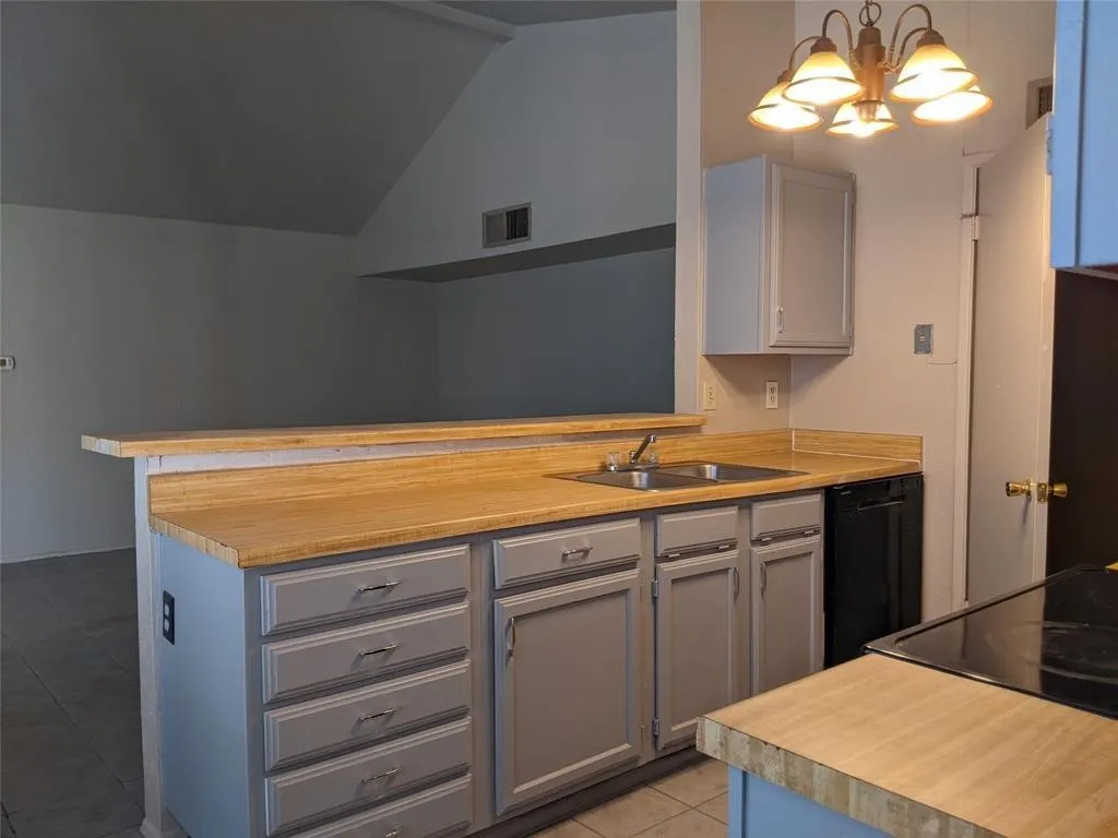 Kitchen featuring lofted ceiling, light countertops, a peninsula, hanging lights, and gray cabinets