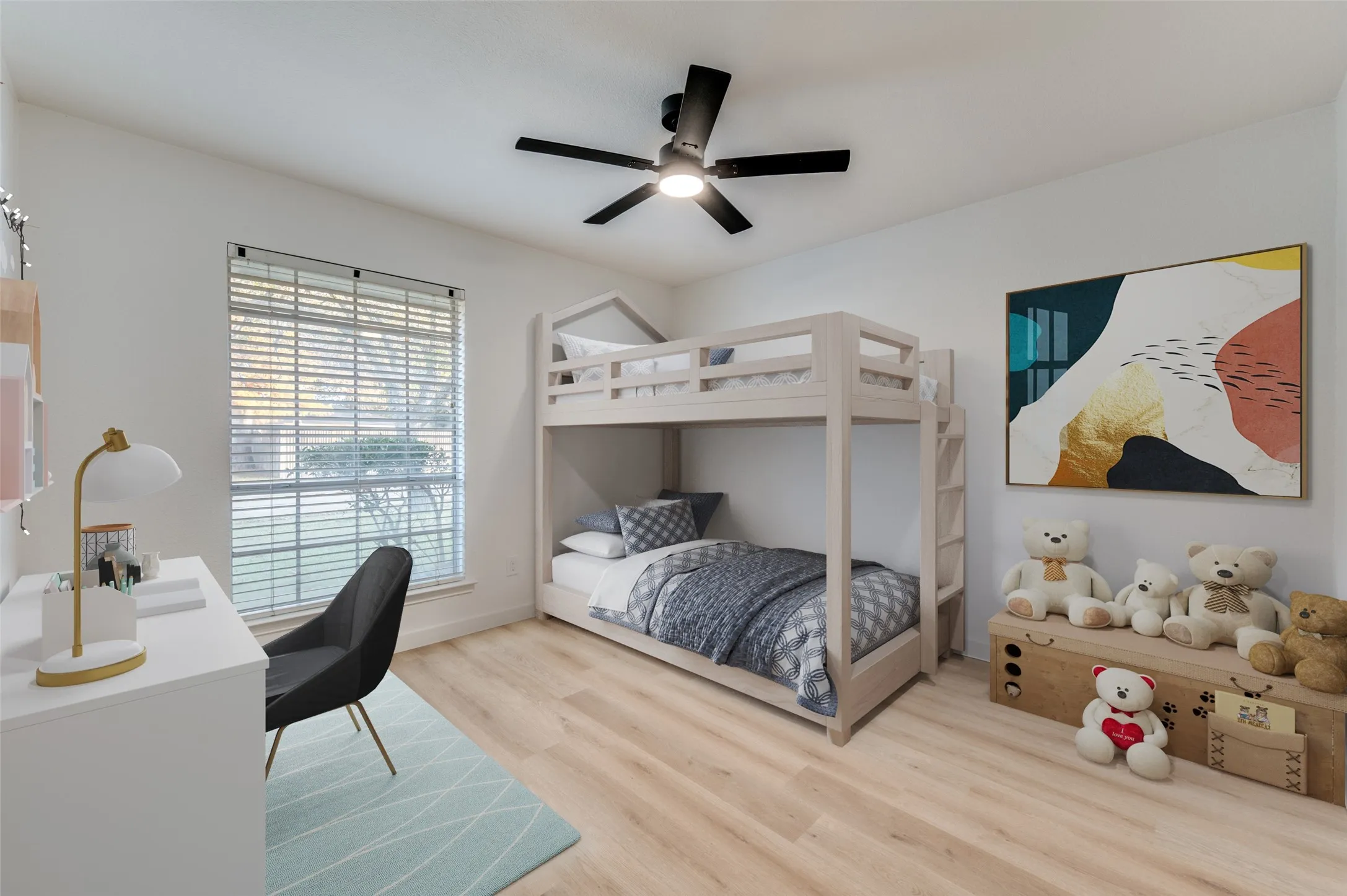 Well-designed bedroom with walk-in closet and contemporary finishes.