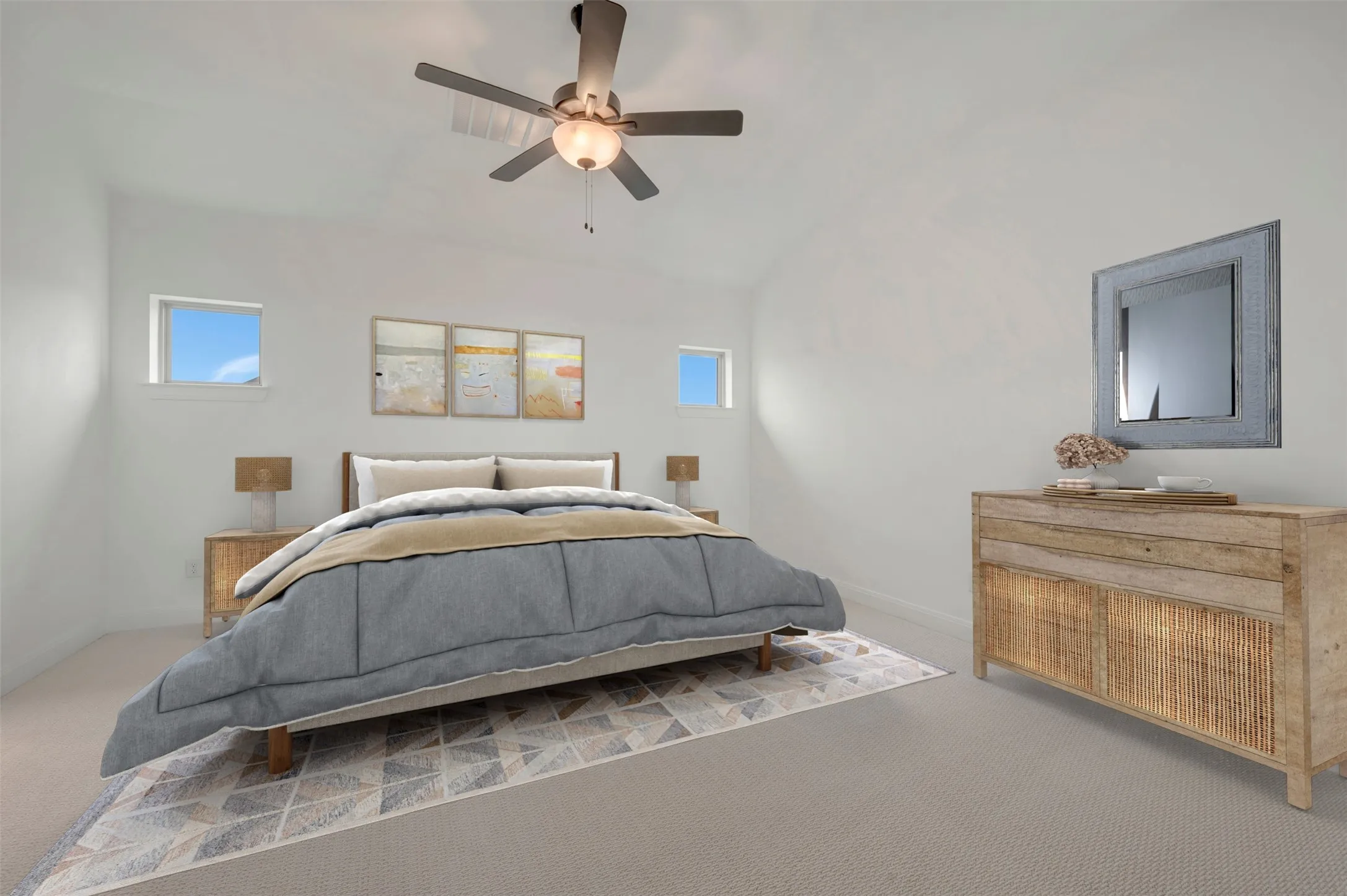 Spacious room featuring vaulted ceilings, a ceiling fan with integrated lighting, and light-toned carpeting