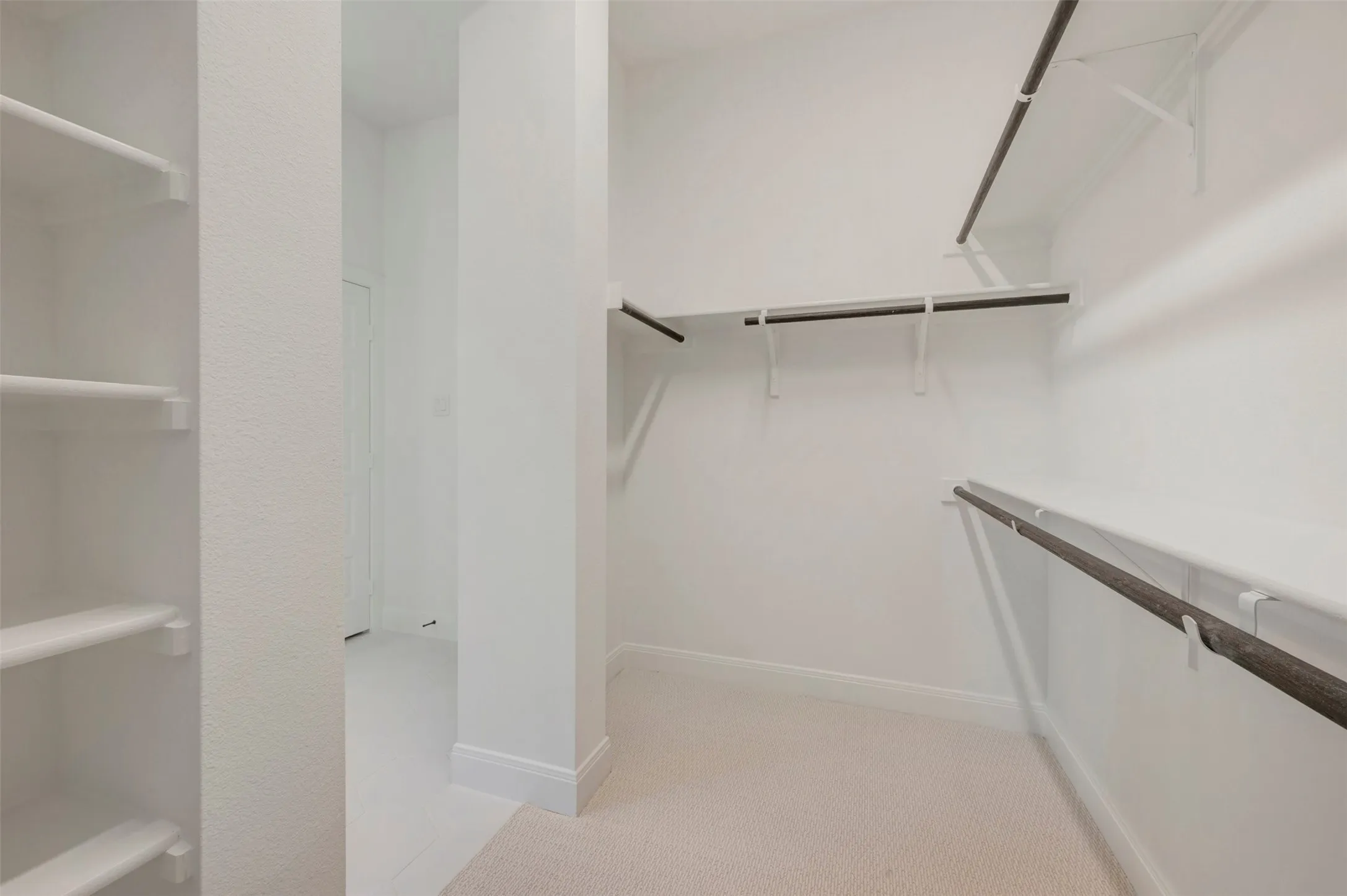 Walk-in closet with multiple hanging rods, integrated shelving, and light-toned carpeting