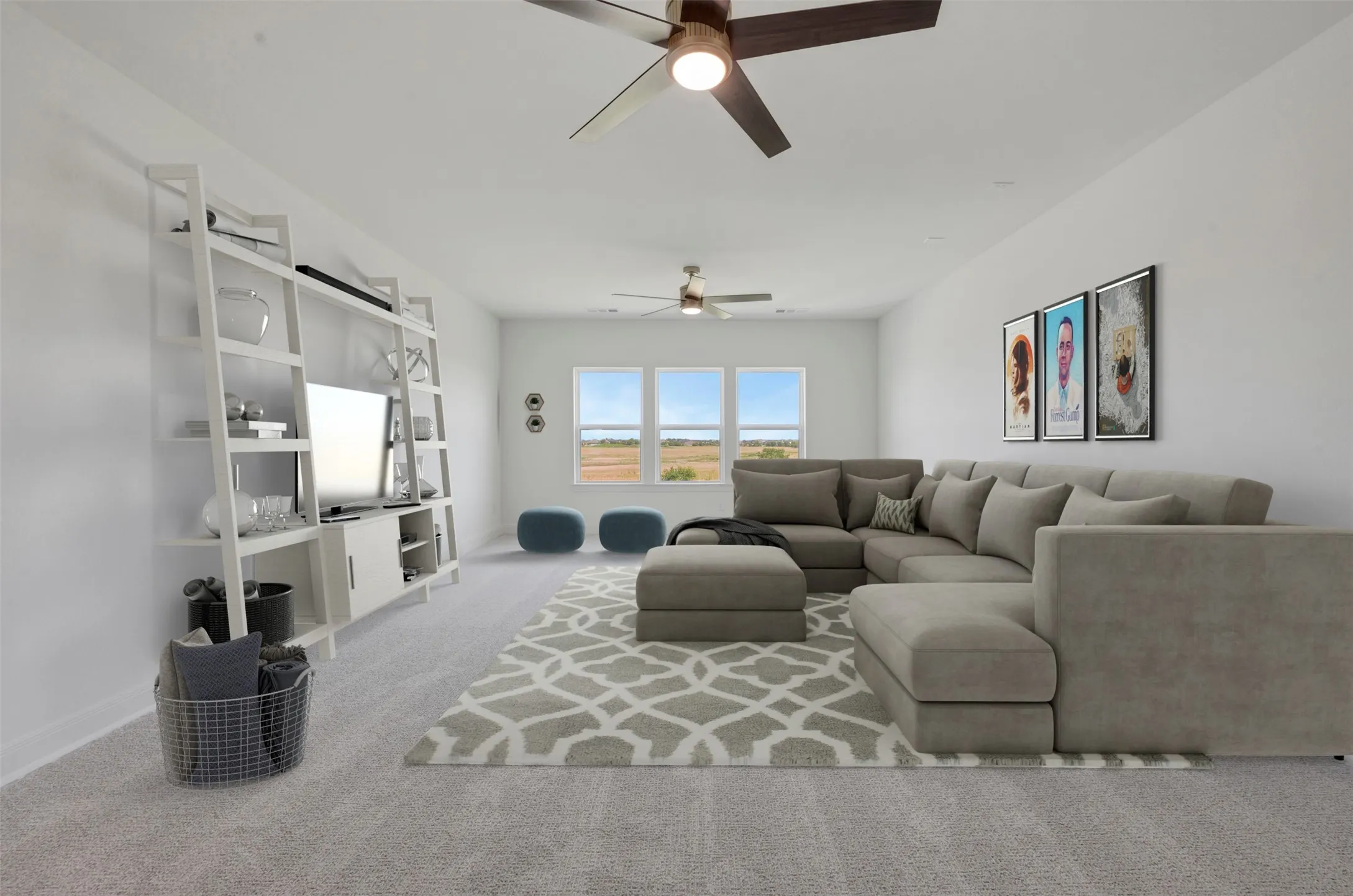 Spacious room with light gray carpeting, multiple ceiling fans, and a wall of three windows