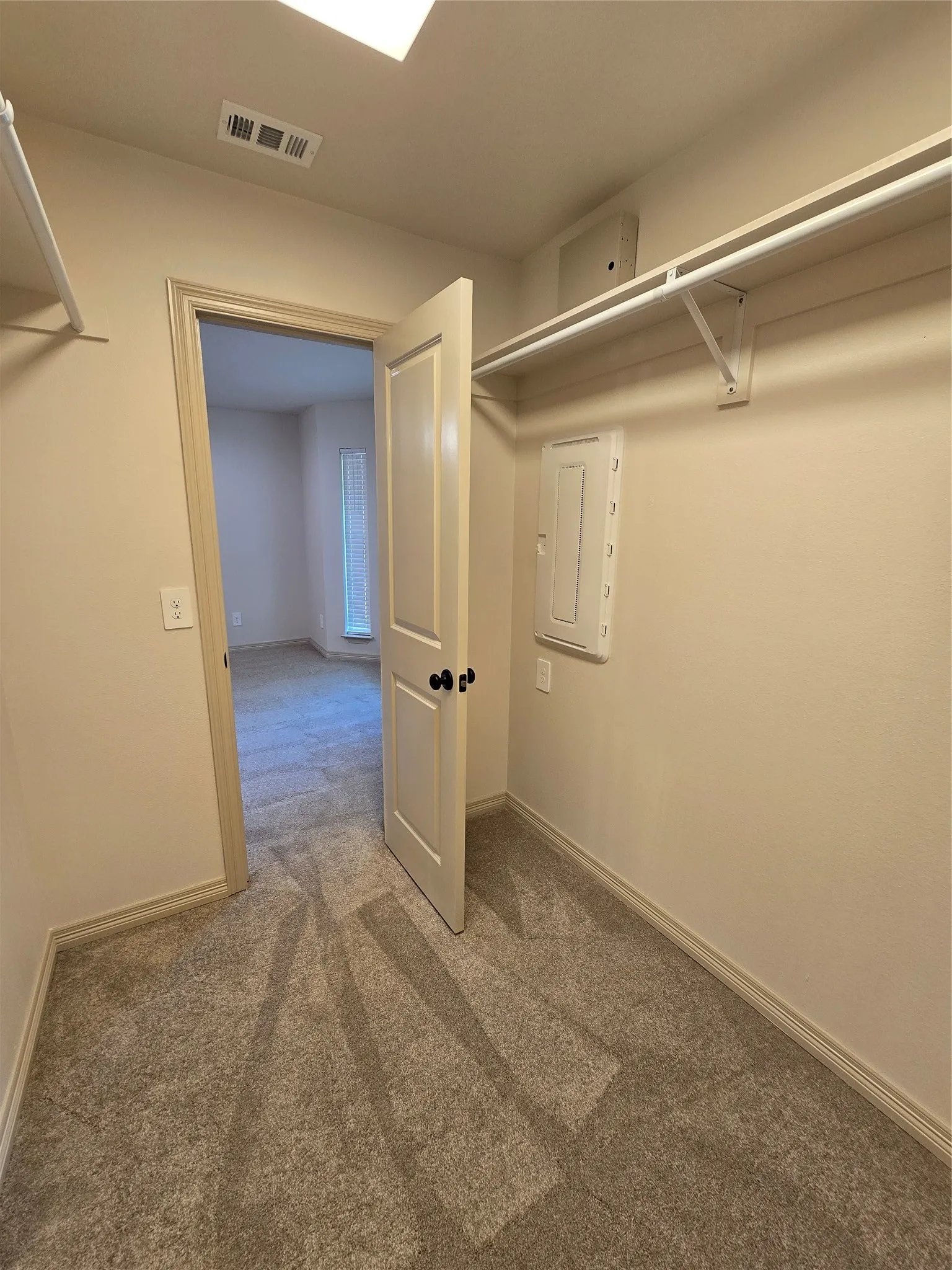 Spacious closet with carpet floors and media panel