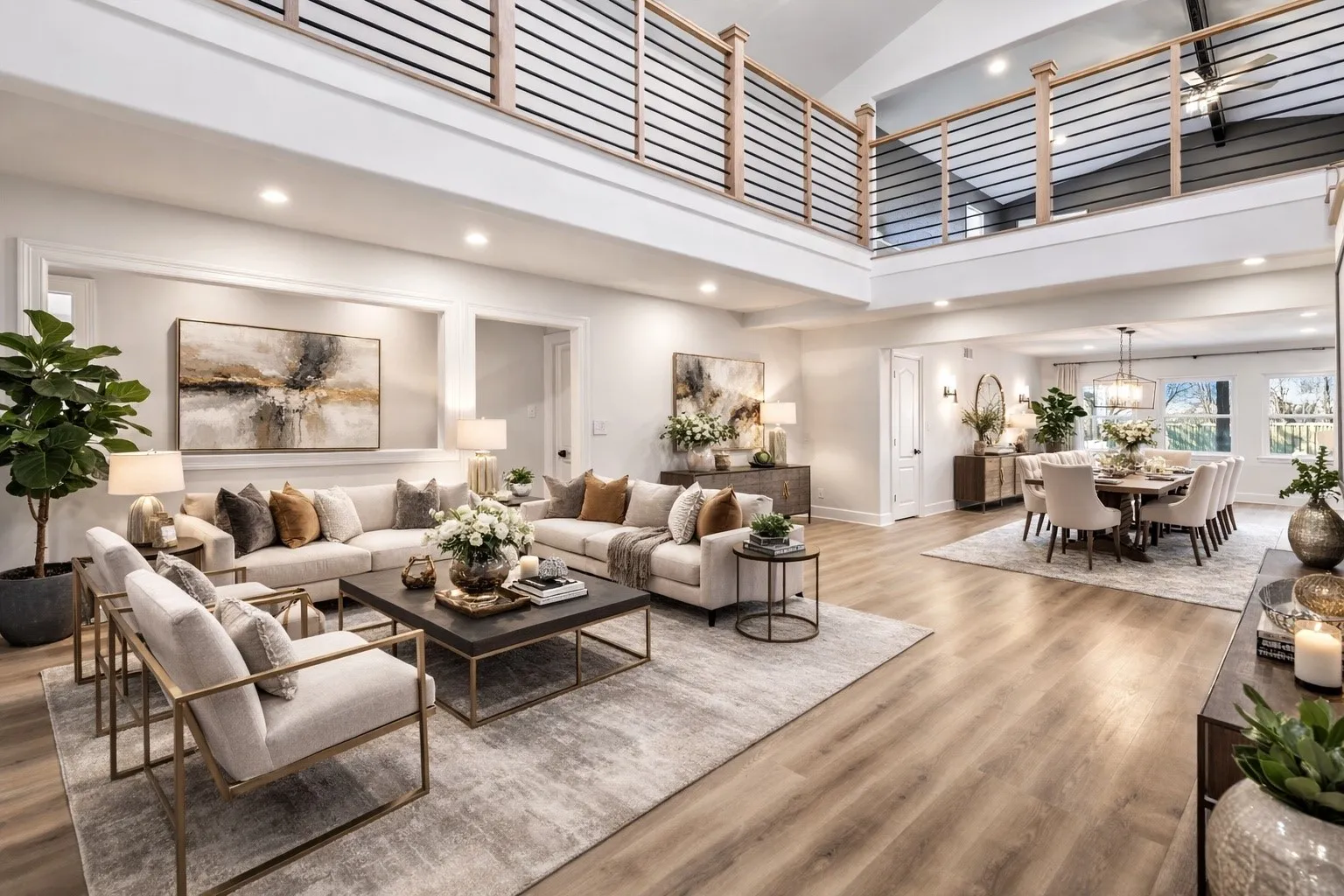 VIRTUALLY STAGED Living room featuring a high ceiling, wood finished floors, and hanging lights