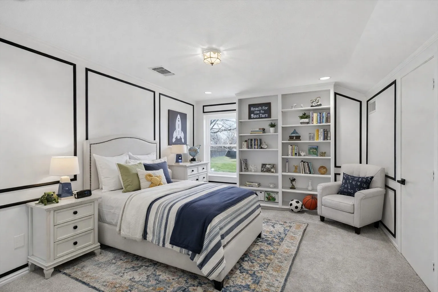 VIRTUALLY STAGED Bedroom featuring light carpet and recessed lighting
