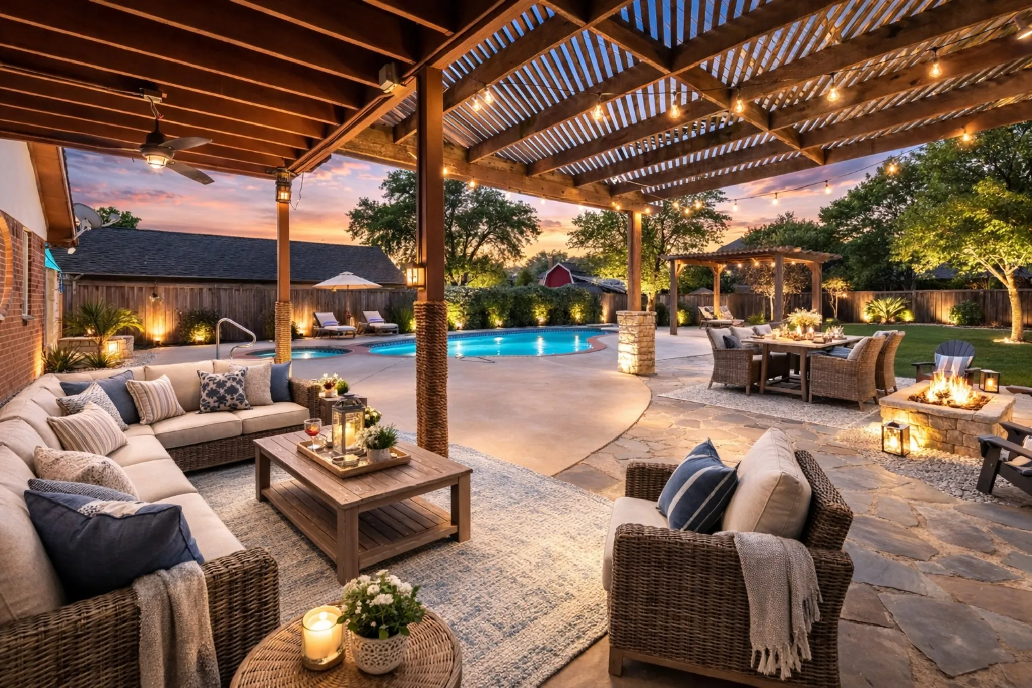 VIRTUALLY STAGED Fenced backyard featuring a patio area, a pergola, a fire pit, and outdoor lounge area