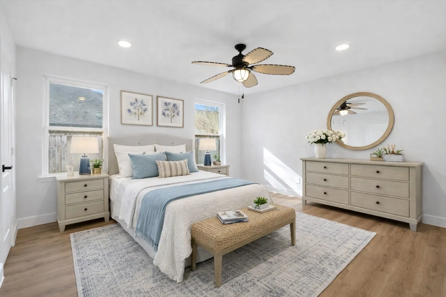 VIRTUALLY STAGED Bedroom featuring light wood-style flooring, ceiling fan, and recessed lighting