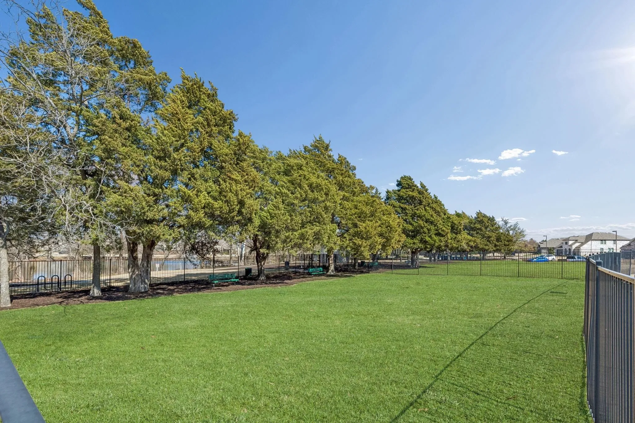 Expansive green park area featuring mature trees along the perimeter, enclosed by a black metal​​‌​​​​‌​​‌‌​‌‌​​​‌‌​‌​‌​‌​​​‌​​ fence
