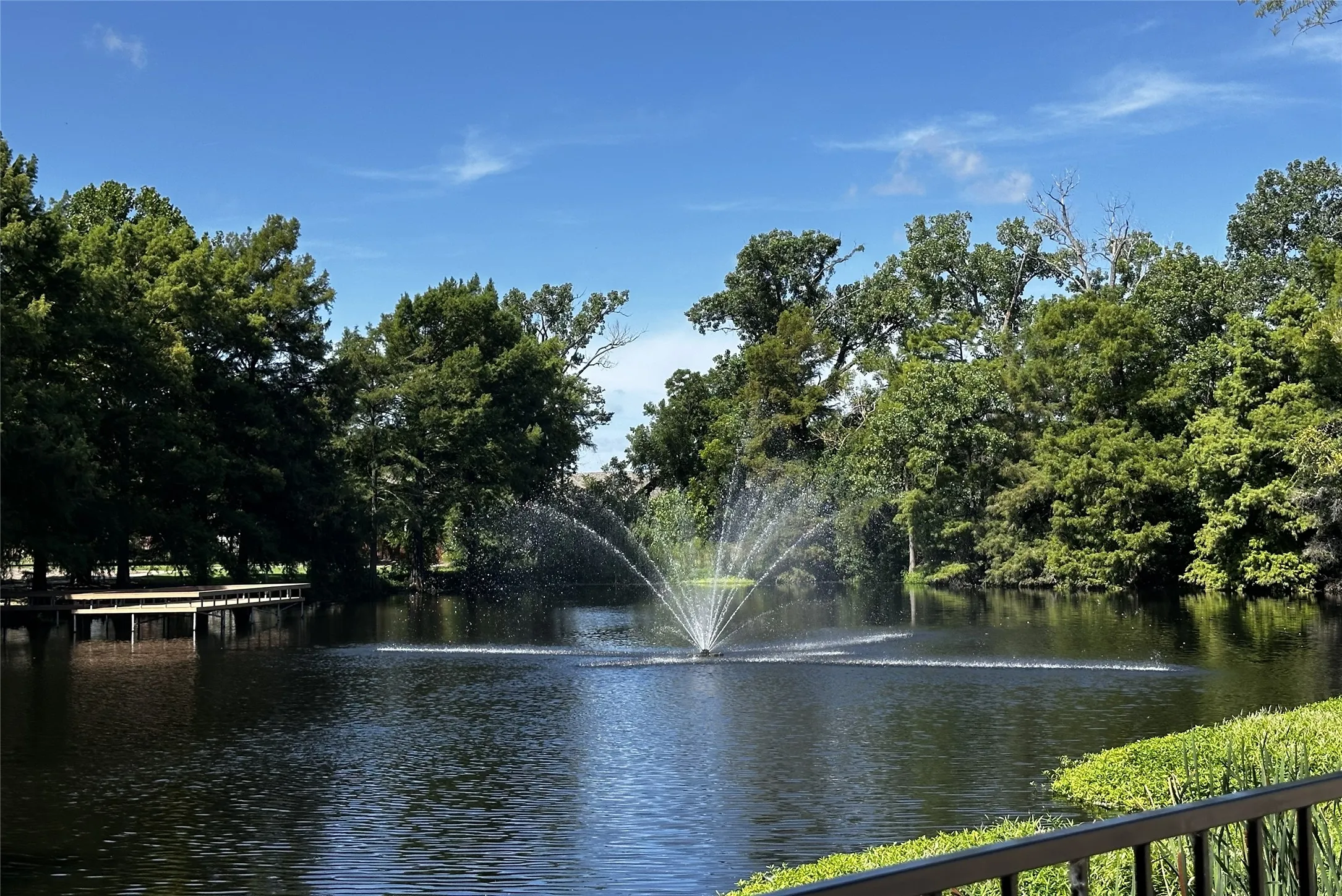 Community Pond with water fountain, mature perimeter trees, a wooden dock, and a black metal railing *photo courtesy of Shana Molina*