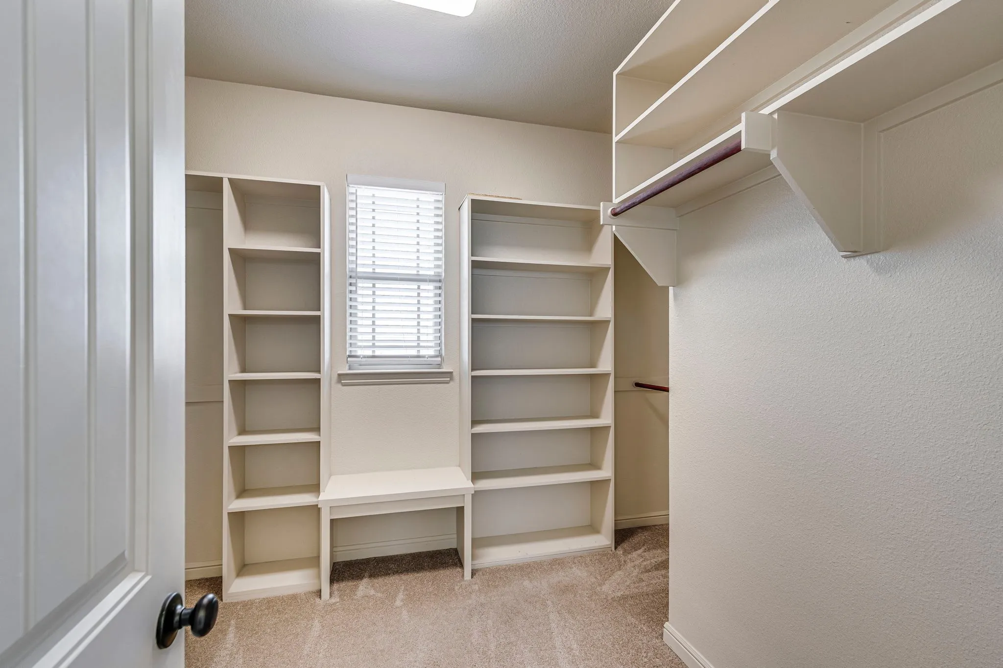 Walk in closet featuring light colored carpet