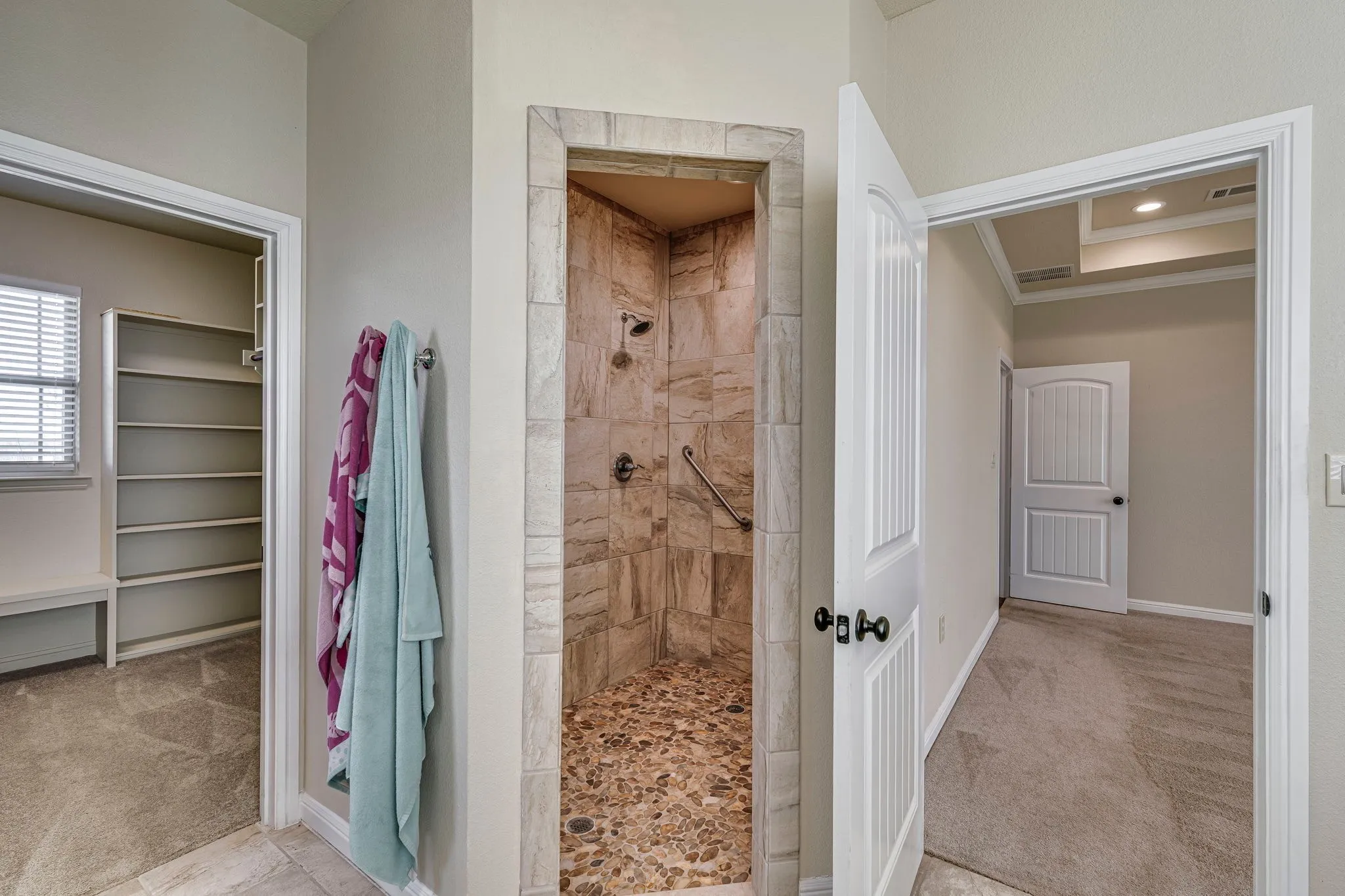 Bathroom with light colored carpet, a walk in shower, a walk in closet, and ornamental molding