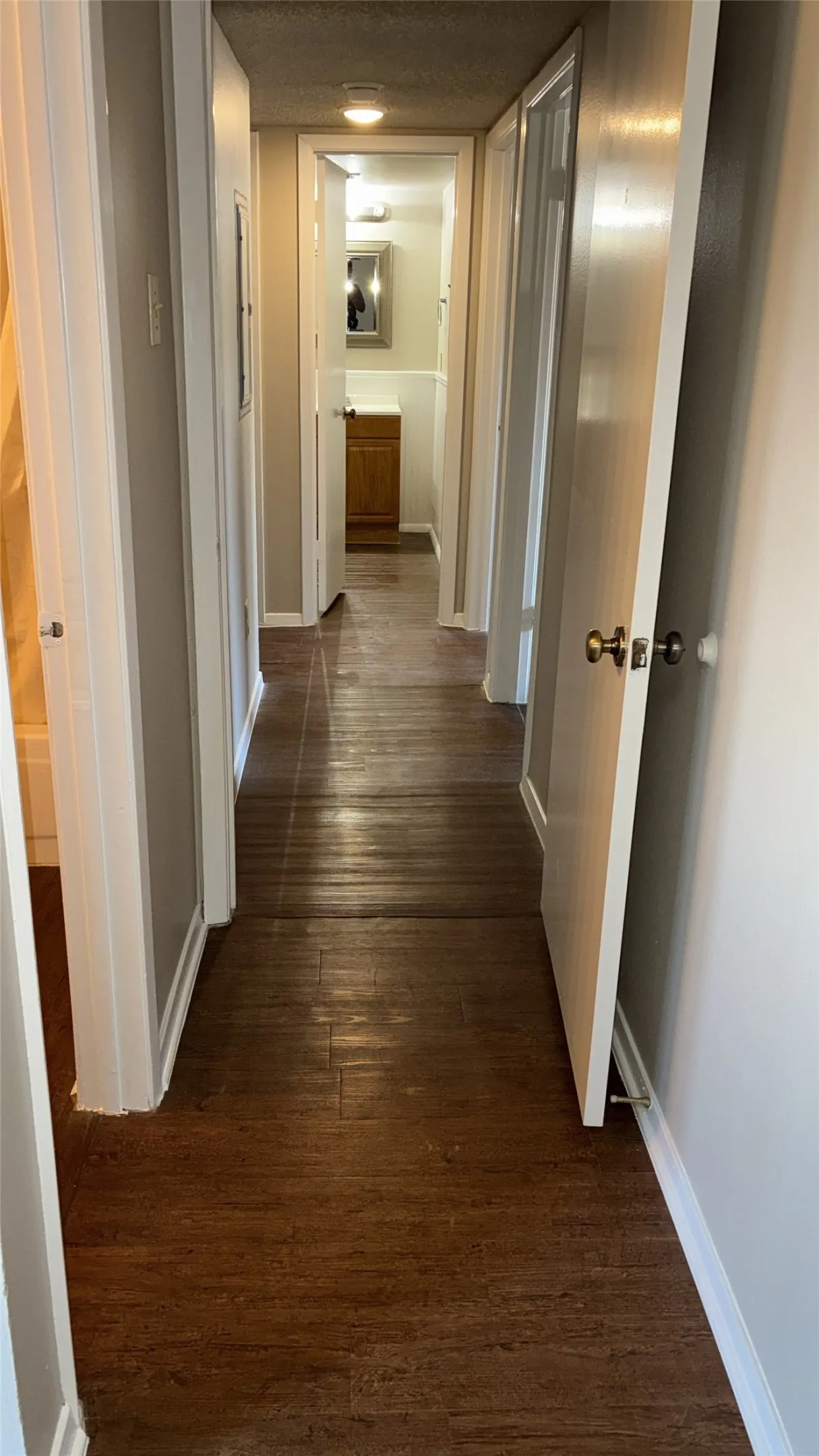 Wood-finish flooring throughout, white trim, and light gray wall paint