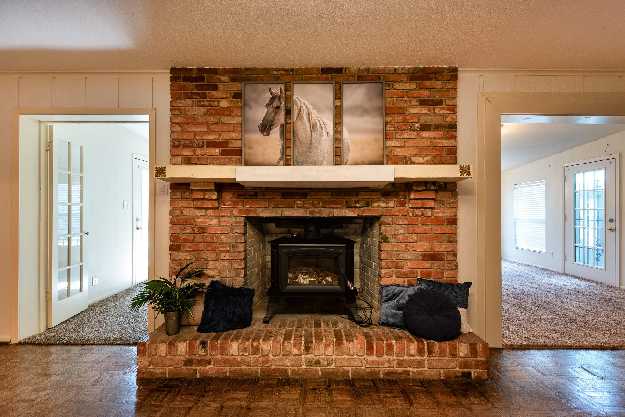 Wood burning stove with custom shelving