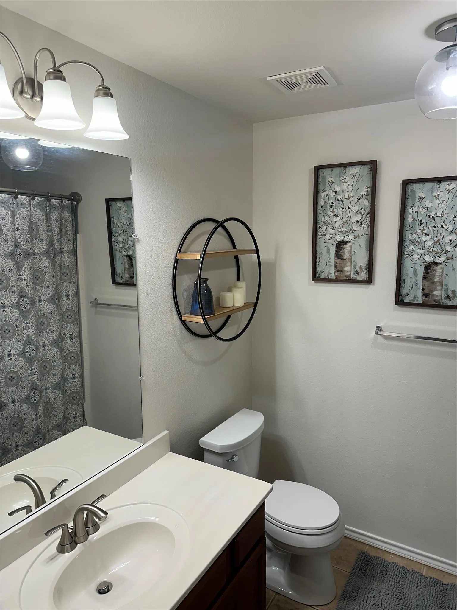 Full bathroom with vanity and a shower with shower curtain