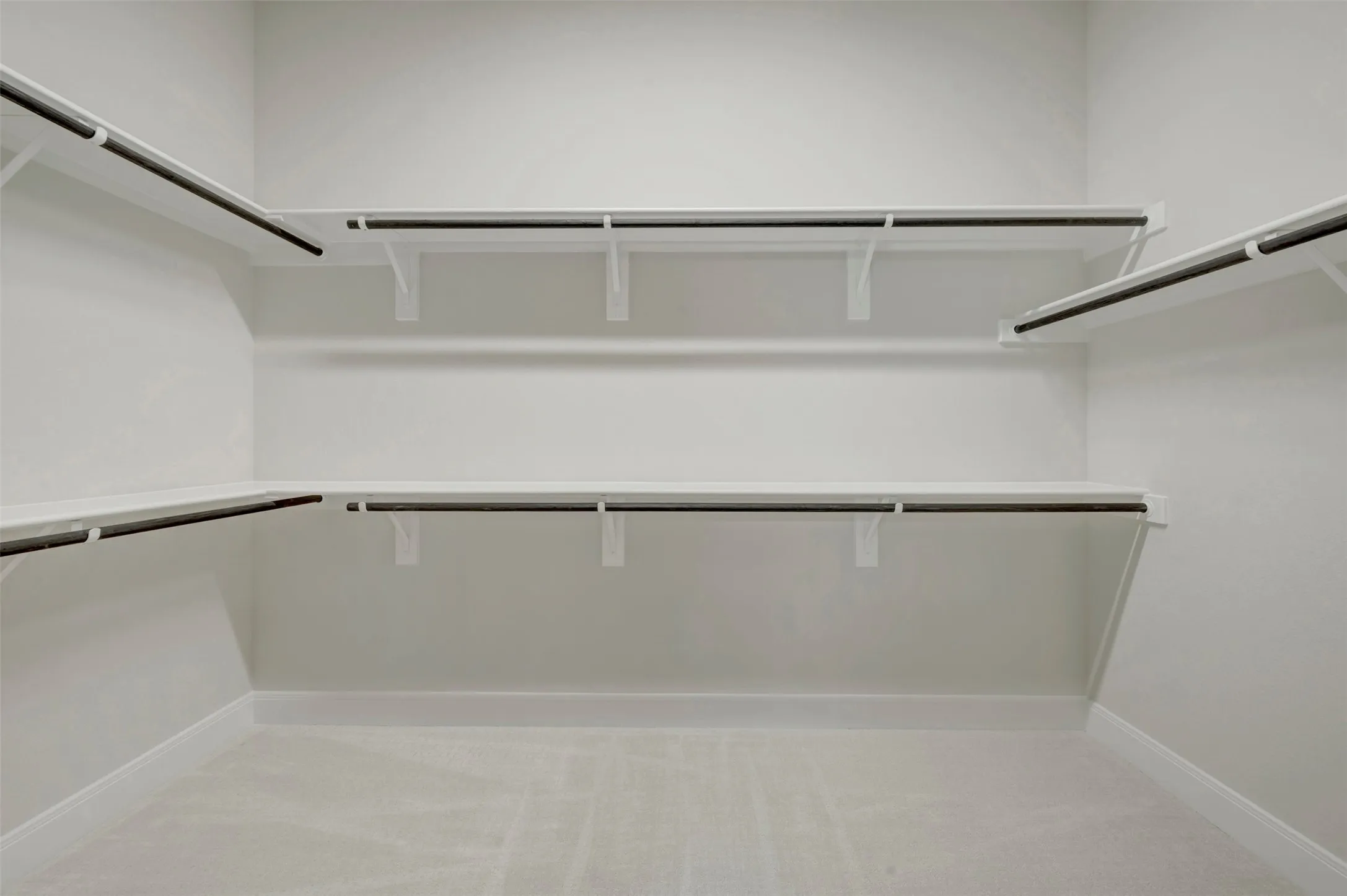 Spacious walk-in closet featuring white shelving with integrated hanging rods, extensive storage capacity, light-colored carpeting, and crisp white walls