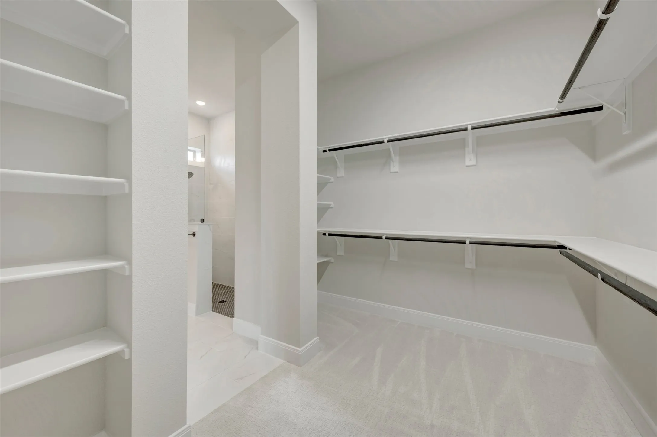 Spacious walk-in closet featuring white wire shelving and hanging rods, plush light-toned carpeting, and a built-in shelving unit
